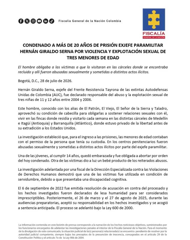 La Fiscalía concluyó que el exjefe paramilitar usó su poder para someter a las menores a violencia y explotación sexual - crédito Fiscalía