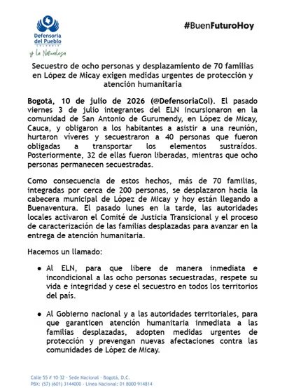 La Defensoría le pidió al ELN que libera a las ocho personas que mantienen secuestradas - crédito Defensoría del Pueblo