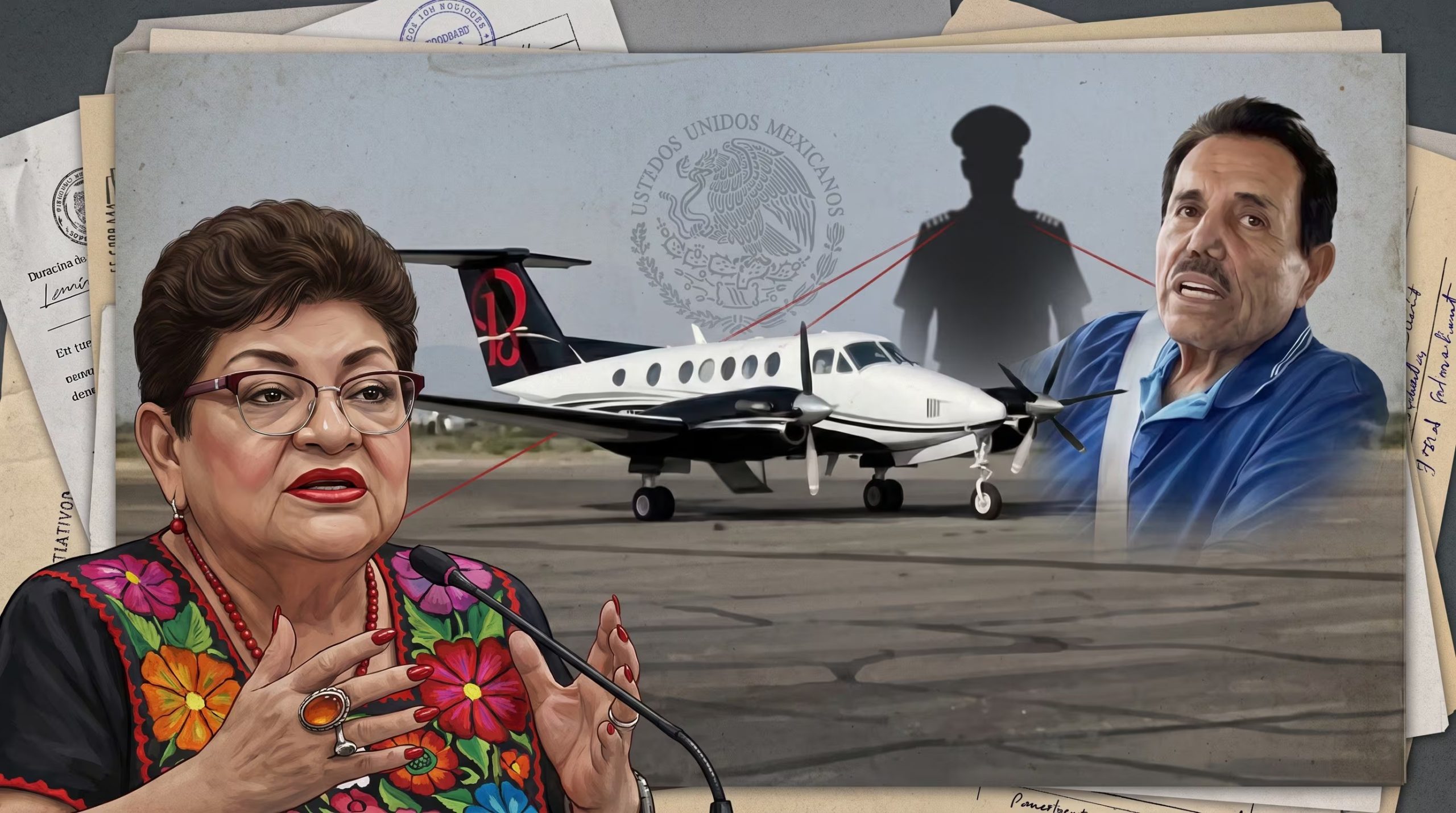 Una ilustración de dossier judicial vincula a Ernestina Godoy con Ismael Zambada y un piloto anónimo, junto a un avión en el centro de la investigación. (Imagen Ilustrativa Infobae)