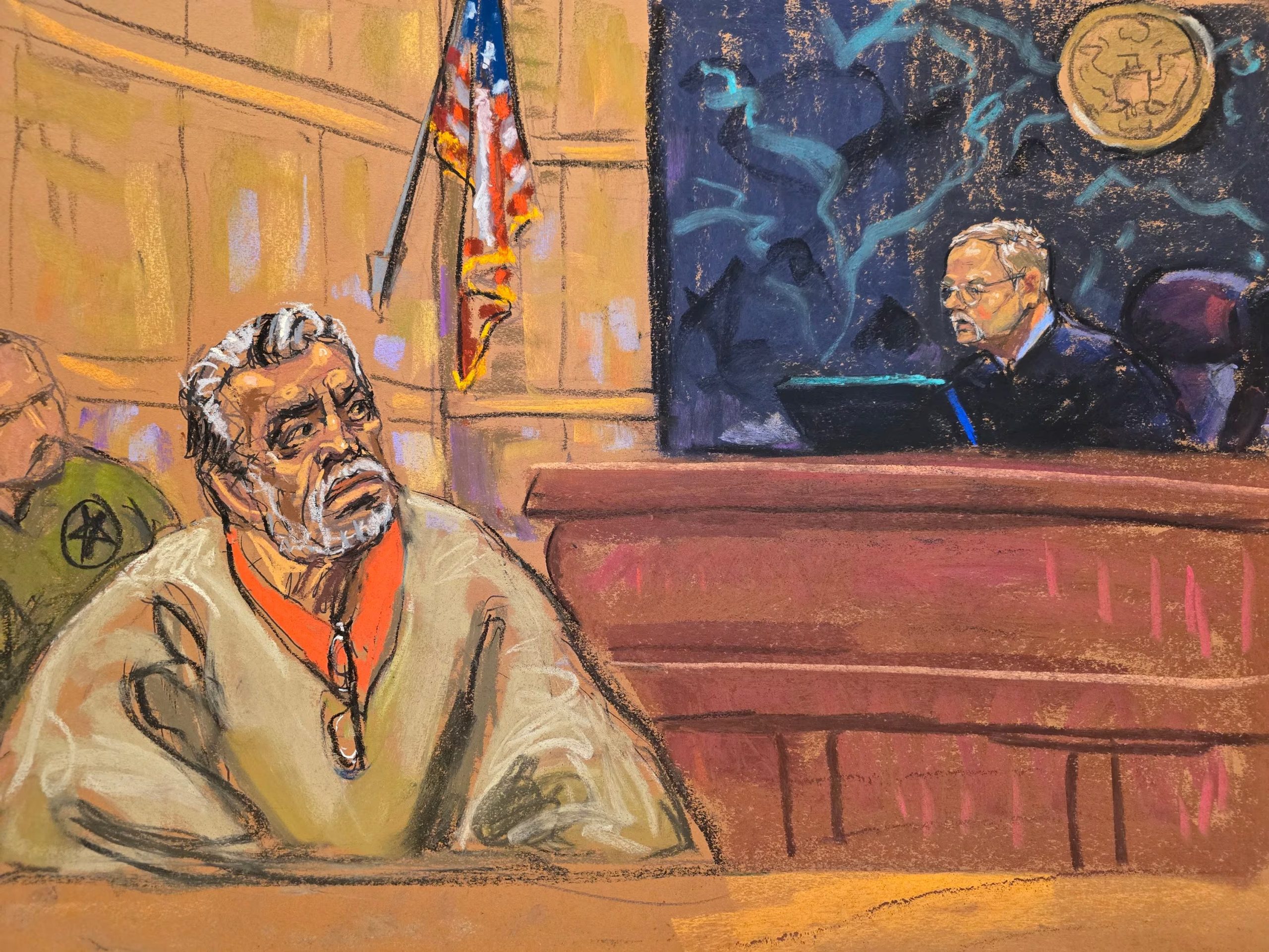 Fotografía de archivo de un dibujo realizado por la artista Jane Rosenberg del juez Brian Cogan (d) frente al narcotraficante mexicano Ismael 'El Mayo' Zambada, en el Tribunal Federal de Brooklyn, en Nueva York (NY, EE.UU.). EFE/Jane Rosenberg
