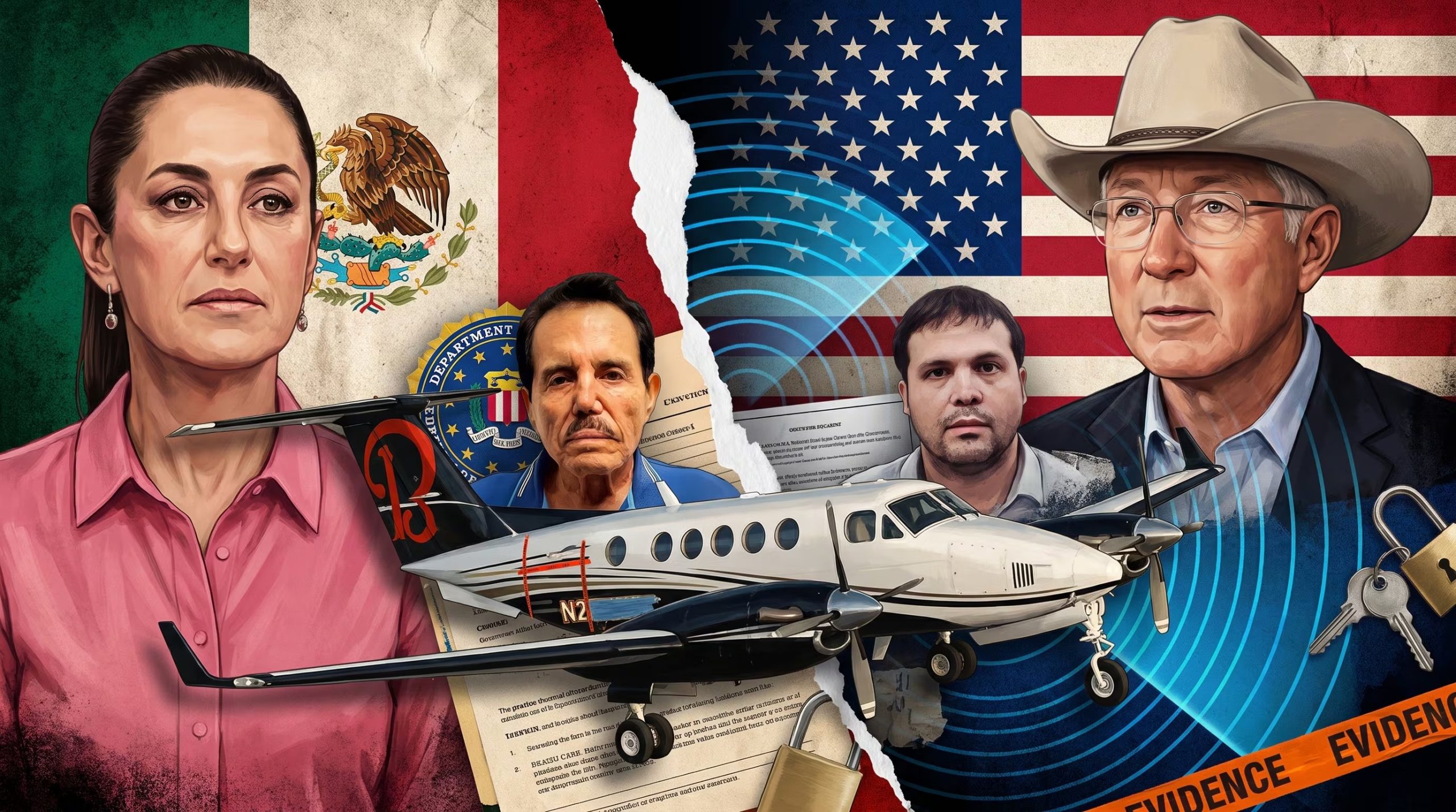 Claudia Sheinbaum y Ken Salazar aparecen en una ilustración junto a líderes del narcotráfico, un avión y símbolos de seguridad, lo que indica la tensión entre México y Estados Unidos por operativos secretos. (Imagen Ilustrativa Infobae)
