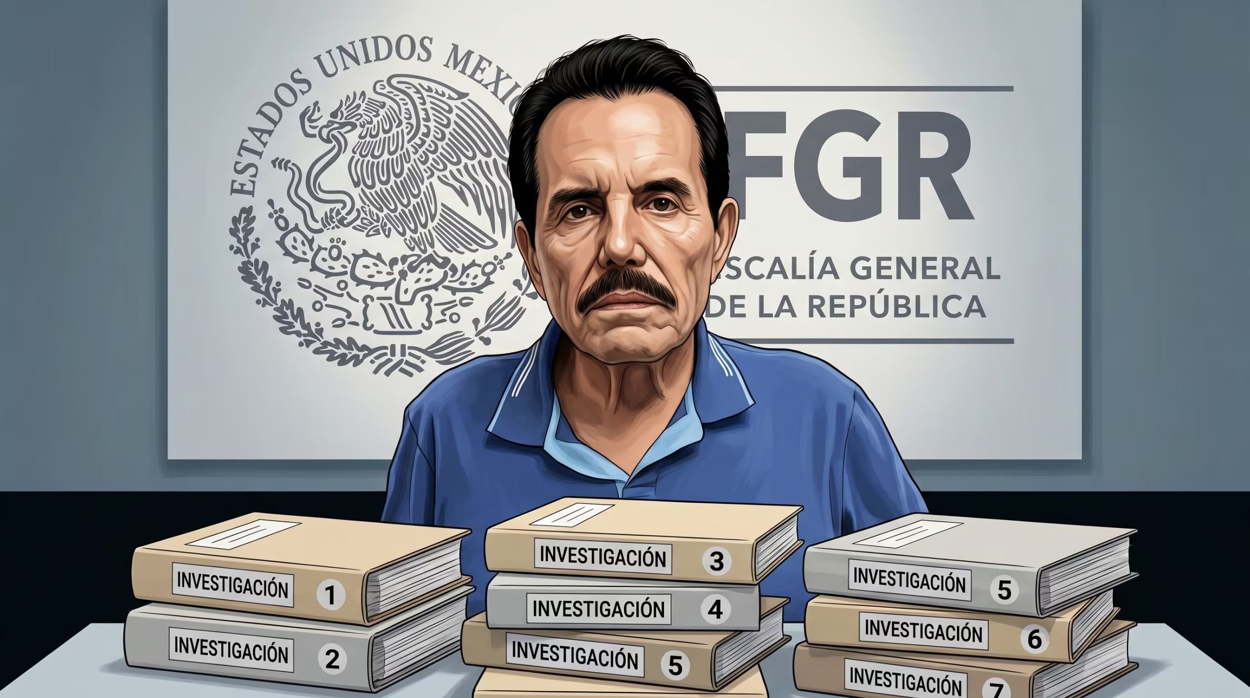 Una ilustración muestra a Ismael Zambada con el logo de la Fiscalía General de la República de México y siete carpetas que representan investigaciones. (Imagen Ilustrativa Infobae)