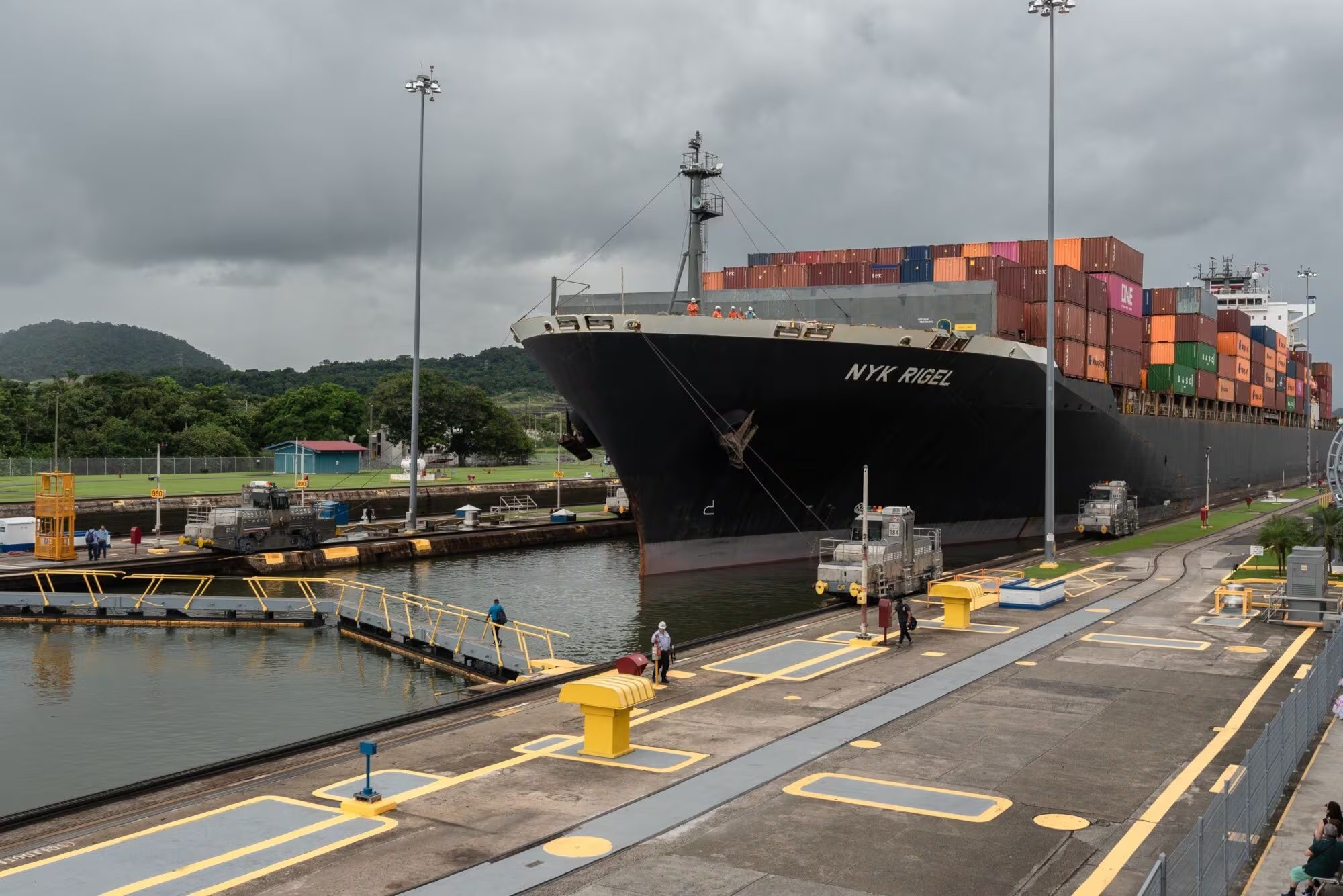 A container ship navigates through the Miraflores locks of the Panama Canal near Panama City, Panama, in November 2023. Photographer: Walter Hurtado/Bloomberg