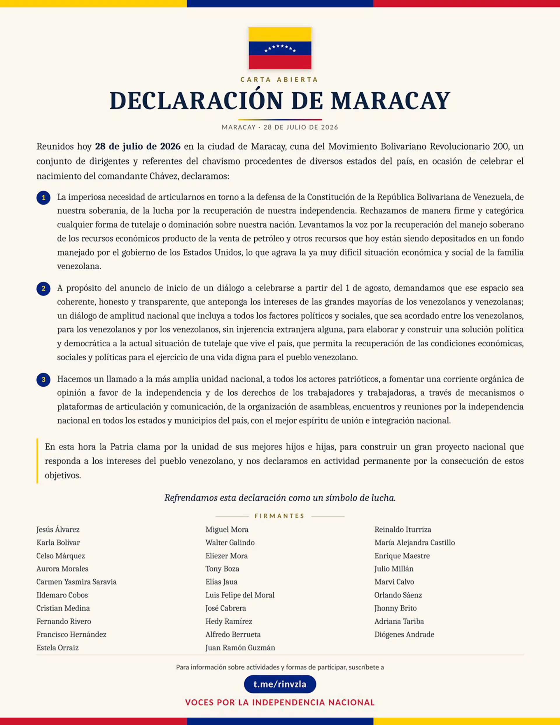 El Manifiesto de Maracay, suscrito por varios líderes del chavismo, ex ministros, ex alcaldes y ex dipuatdos