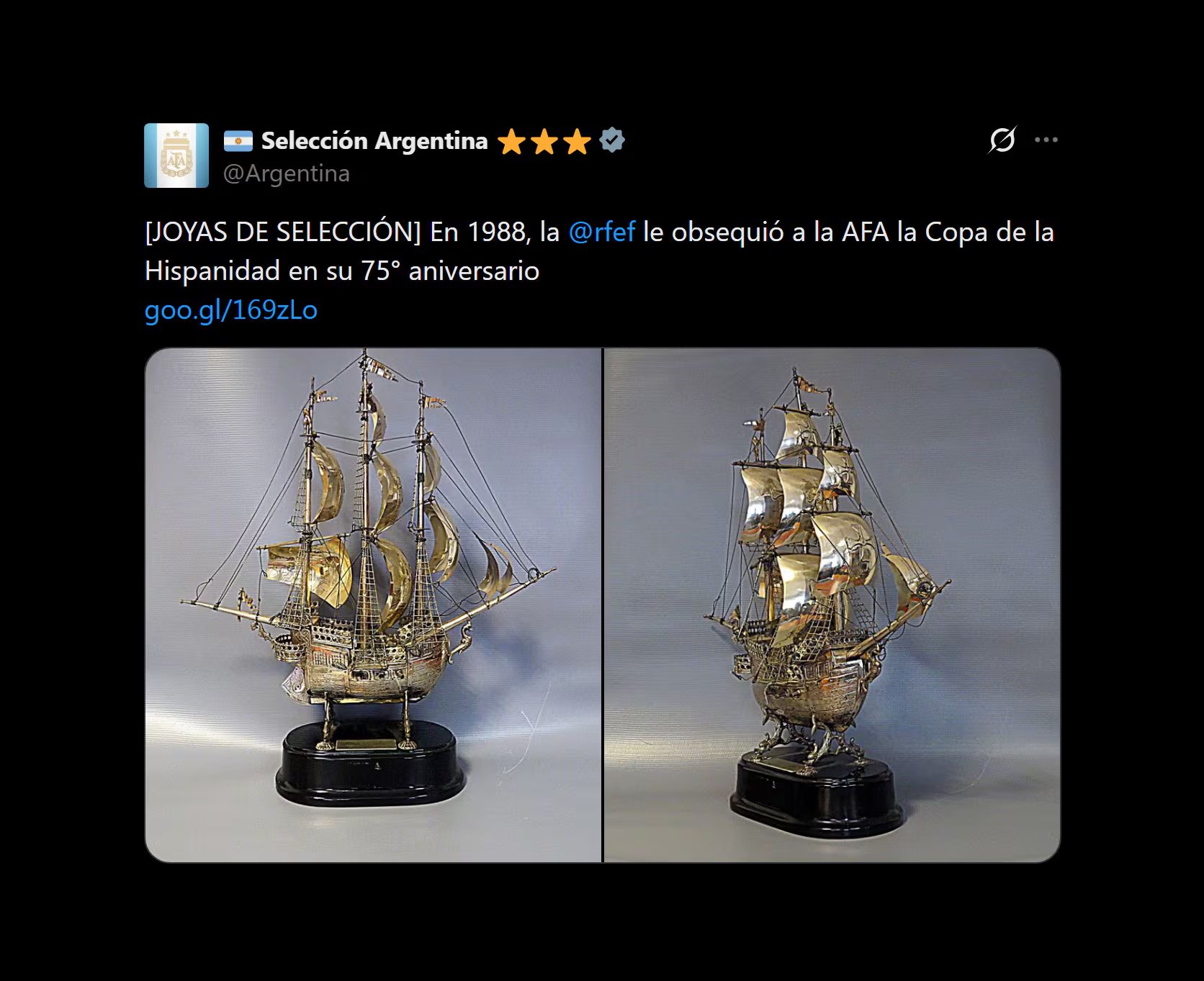 El trofeo representado por una carabela ganado por Argentina en 1988