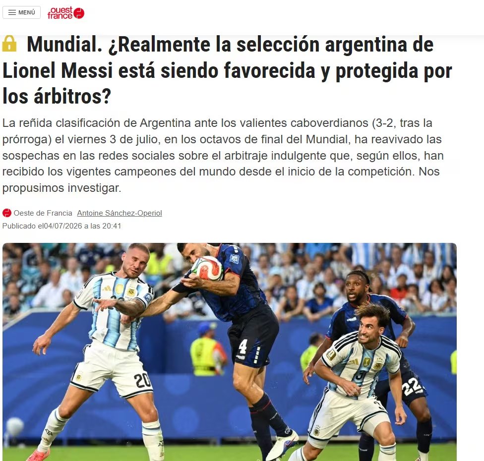 La portada del informe del medio Ouest-France sobre los arbitrajes durante los partidos de Argentina