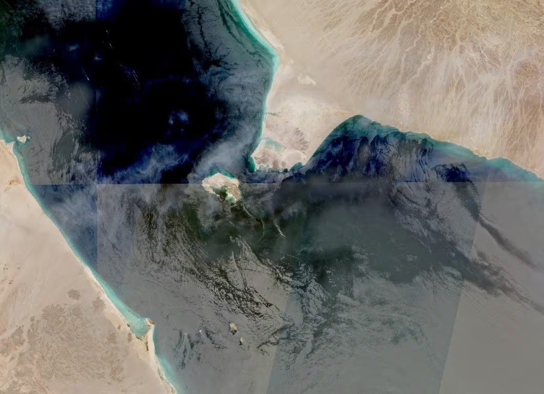 Imagen satelital de archivo que muestra el estrecho de Bab el Mandeb, una vía marítima clave y la puerta de entrada al mar Rojo (REUTERS)