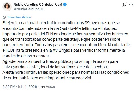 Gobernadora de Chocó comunicó el rescate de 39 personas secuestrados - crédito @NubiaCarolinaCC/X