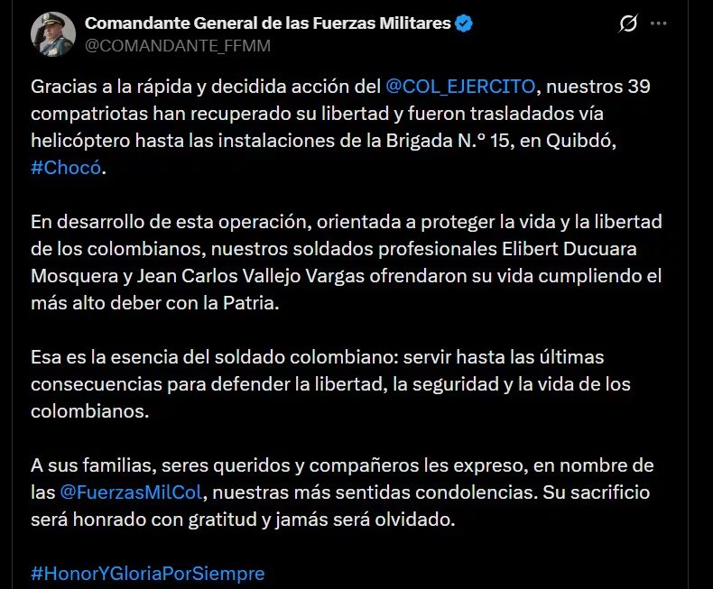 El general Hugo Alejandro López confirma el traslado en helicóptero de los liberados a la Brigada 15 en Quibdó - crédito @COMANDANTE_FFMM / X