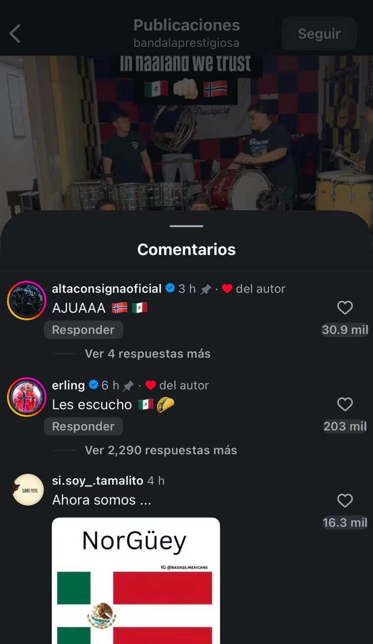 Haaland respondió en Instagram con el mensaje “Les escucho”, junto a un emoji de taco y la bandera de México. (Instagram)