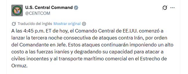 Una publicación oficial del Comando Central de Estados Unidos detalla la tercera noche de ataques contra fuerzas iraníes en el Estrecho de Ormuz para degradar su capacidad militar.