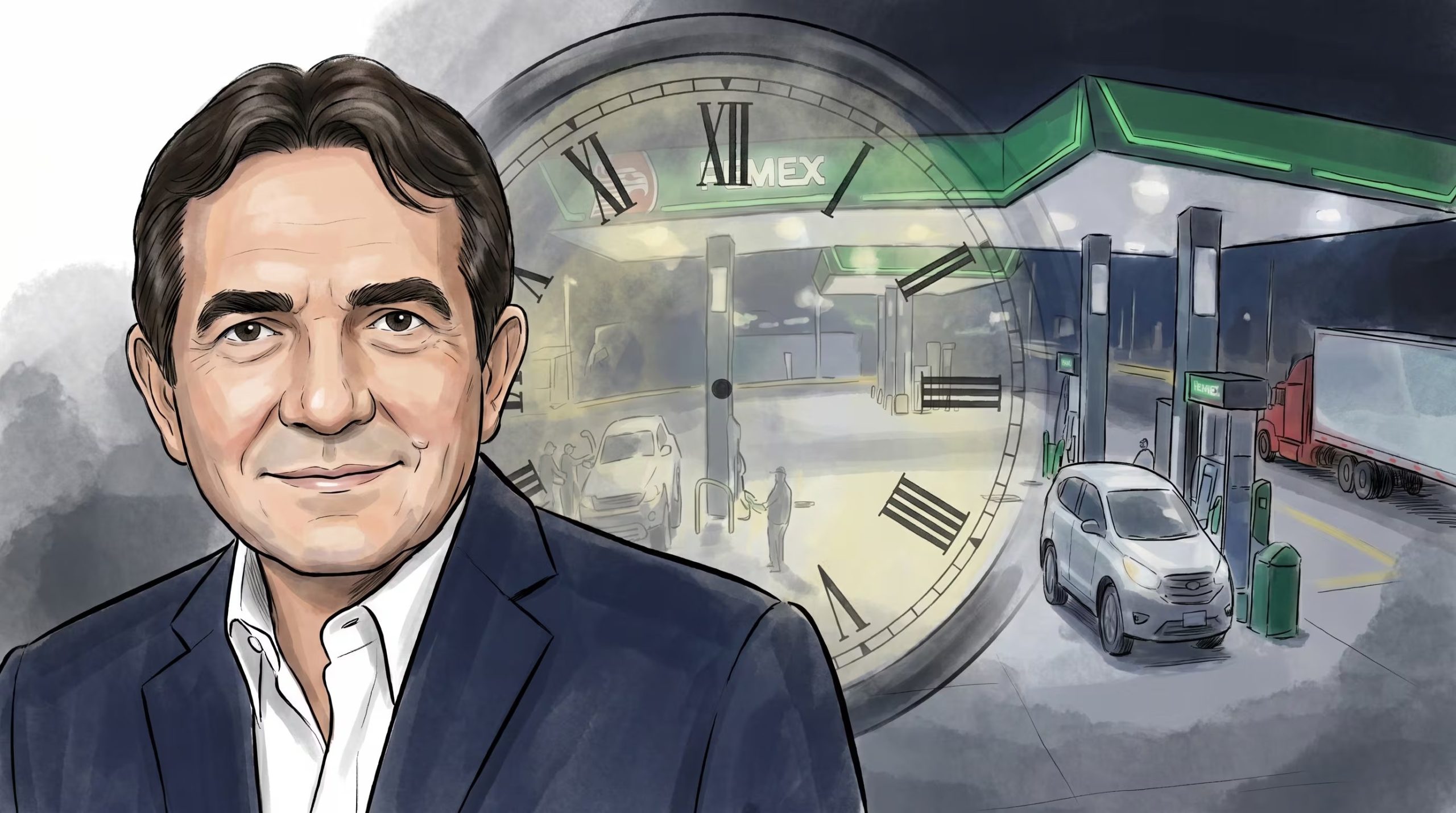 Caricatura editorial de Héctor Melesio Cuén Ojeda, con un reloj sin manecillas y una gasolinera Pemex de fondo, simbolizando el tiempo detenido y la escena clave de un caso sin resolver. (Imagen Ilustrativa Infobae)