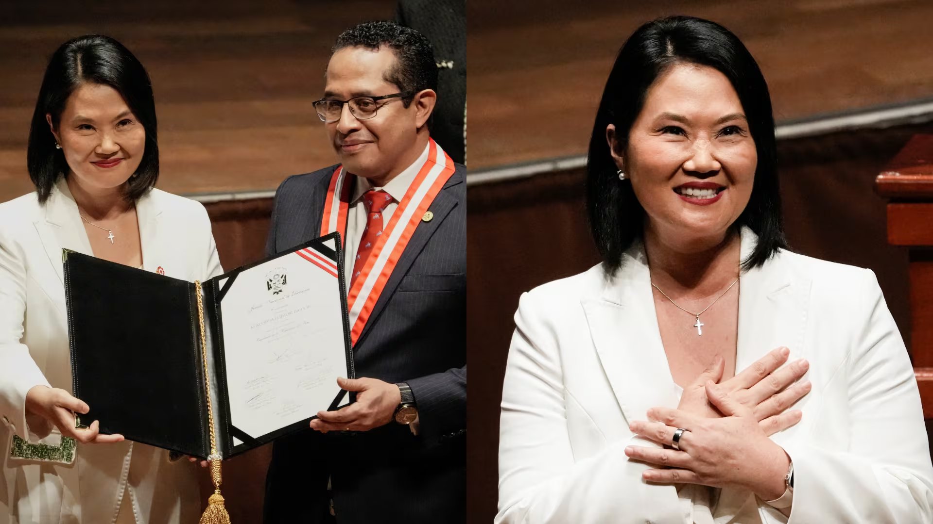 Keiko Fujimori recibe las credenciales como presidenta constitucional del Perú. (Foto composición: Infobae Perú/Reuters)