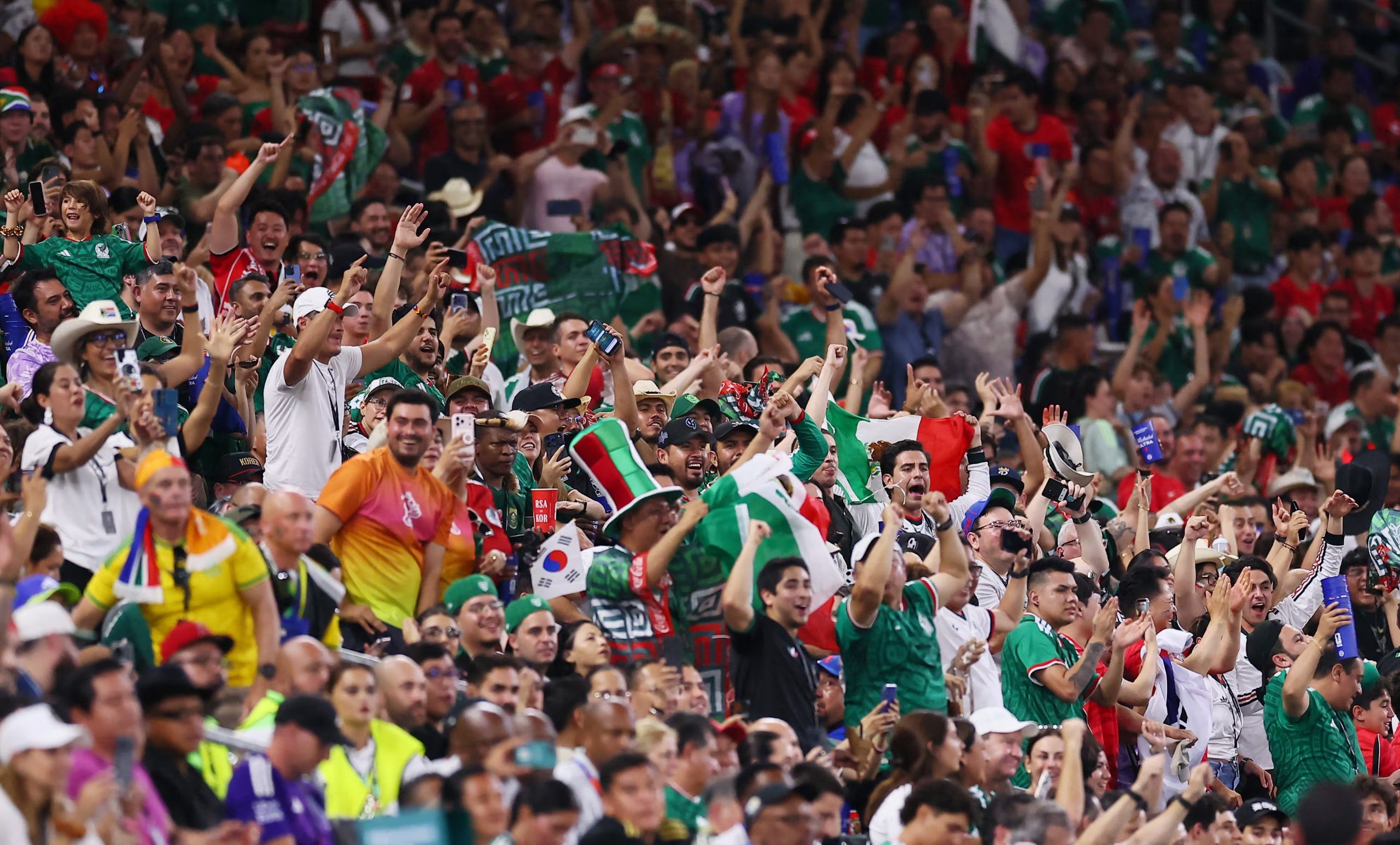 Soccer Football - FIFA World Cup 2026 - Group A - South Africa v South Korea - Estadio Monterrey, Monterrey, Mexico - June 24, 2026 Mexico fans in the stand celebrate after their second goal in their match against Czech Republic REUTERS/Eloisa Sanchez