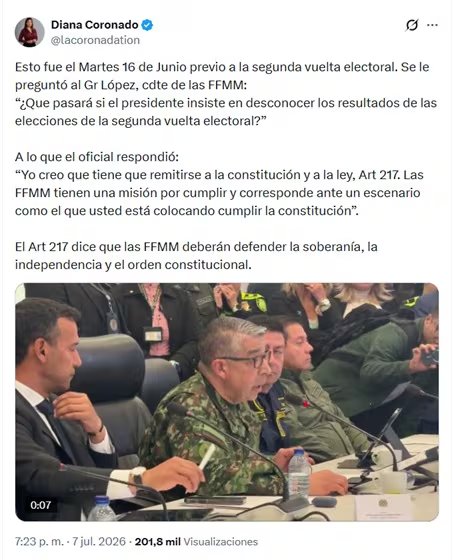 Las declaraciones del alto oficial fueron registradas por varios de los periodistas que asistieron al cubrimiento de la reunión el 16 de junio de 2026 - crédito @lacoronadation/X