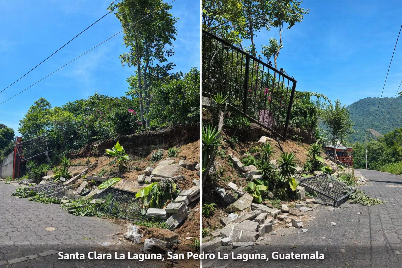 Un tramo de la carretera en Santa Clara La Laguna, Guatemala, muestra escombros de un muro de contención derrumbado y una valla metálica caída tras un desprendimiento de tierra. (Imagen Ilustrativa Infobae)