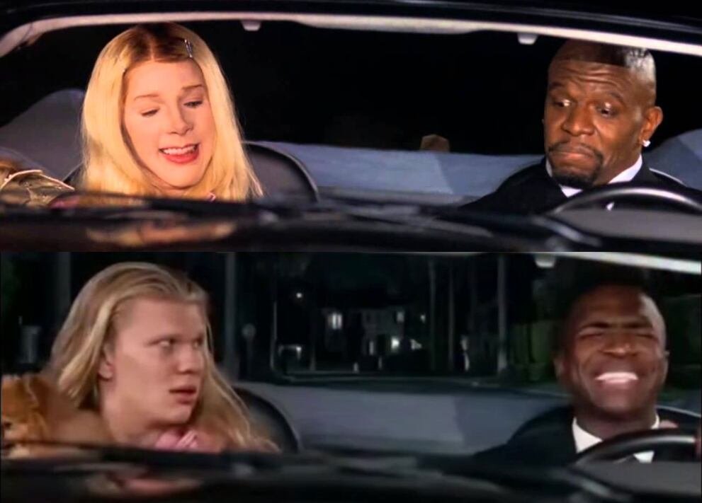 Imagen de la película original y el vídeo editado con los rostros de Haaland y Vinicius Jr.