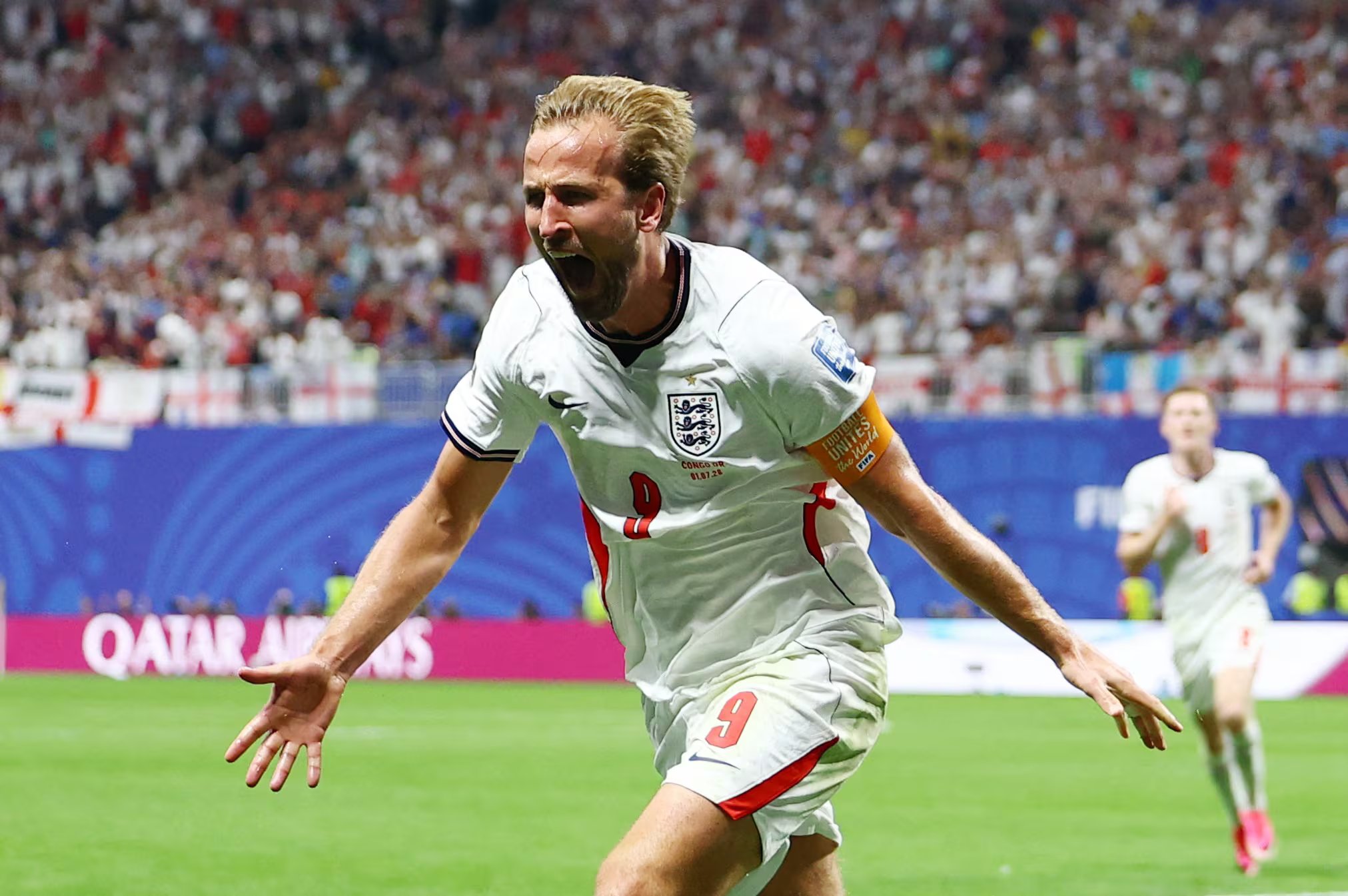 Fútbol - Copa del Mundo de la FIFA 2026 - Octavos de final - Inglaterra contra República Democrática del Congo - Estadio de Atlanta, Atlanta, Georgia, EE. UU. - 1 de julio de 2026. Harry Kane, de Inglaterra, celebra tras marcar el segundo gol de su equipo. REUTERS/Claudia Greco