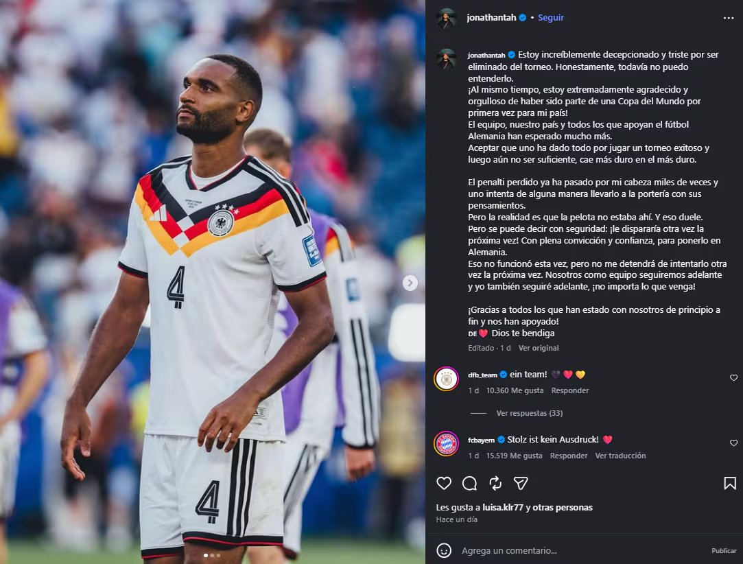 Dennis Schröder, Granit Xhaka y Cacau le dejaron mensajes de apoyo a Tah tras su publicación en Instagram