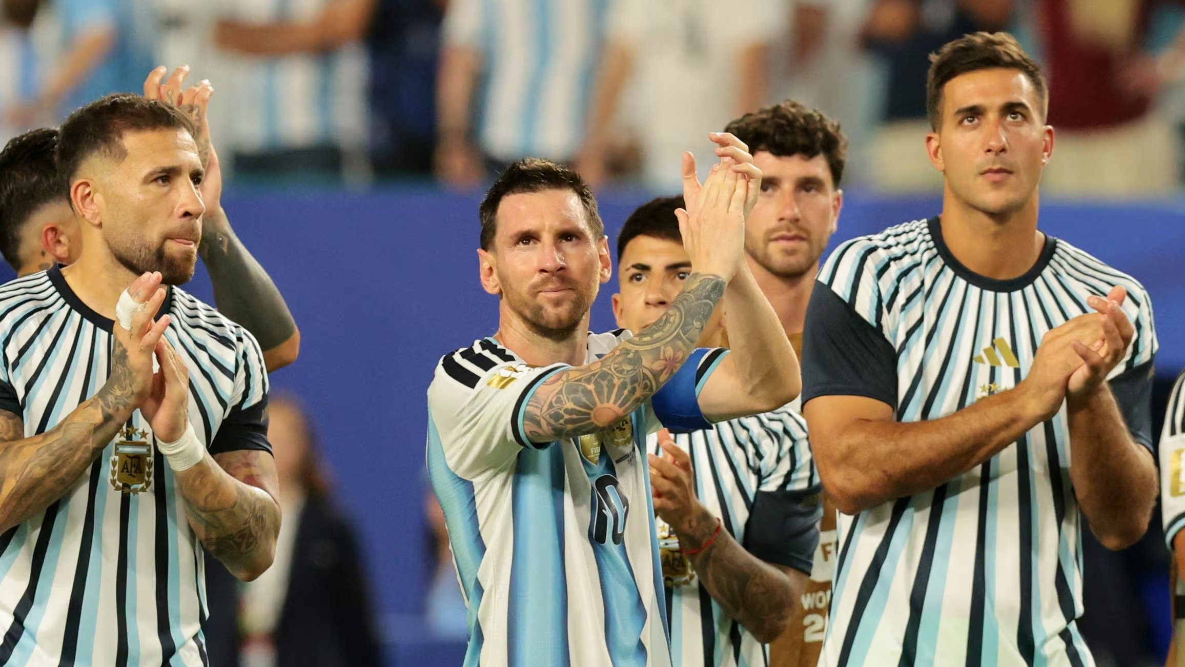 Soccer Football - FIFA World Cup 2026 - Round of 32 - Argentina v Cape Verde - Miami Stadium, Miami Gardens, Florida, U.S. - July 3, 2026 Argentina's Lionel Messi applauds fans with teammates after the match IMAGN IMAGES via Reuters/Sam Navarro