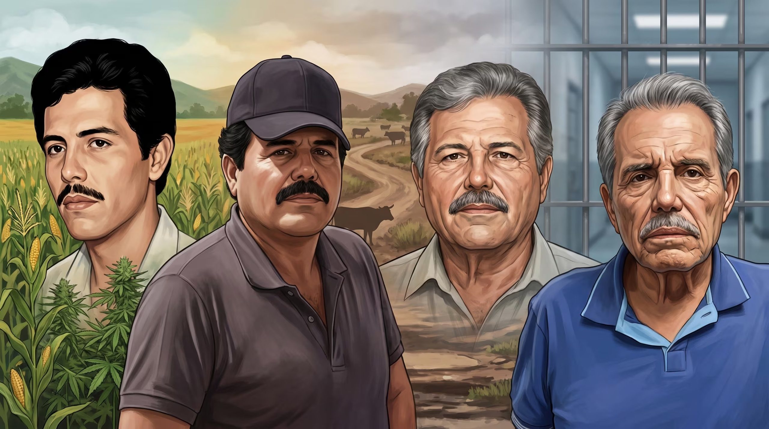 La ilustración muestra la trayectoria de Ismael El Mayo Zambada a través de cuatro retratos, desde su juventud en un paisaje rural hasta un escenario de encierro. (Imagen Ilustrativa Infobae)
