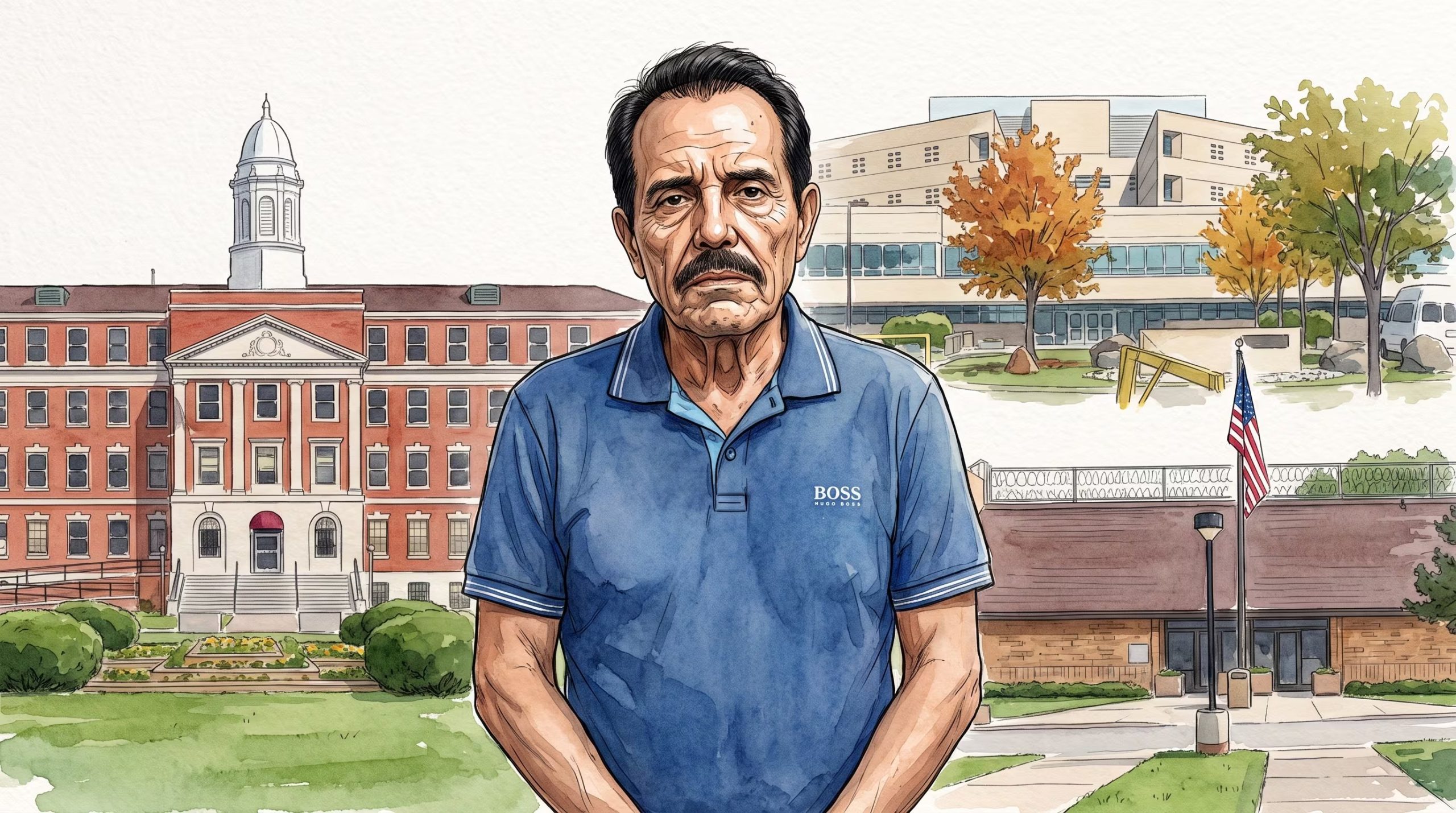 Una ilustración de Ismael 'El Mayo' Zambada aparece en el centro, con tres prisiones médicas federales de Estados Unidos de fondo, representando sus posibles destinos. (Imagen Ilustrativa Infobae)