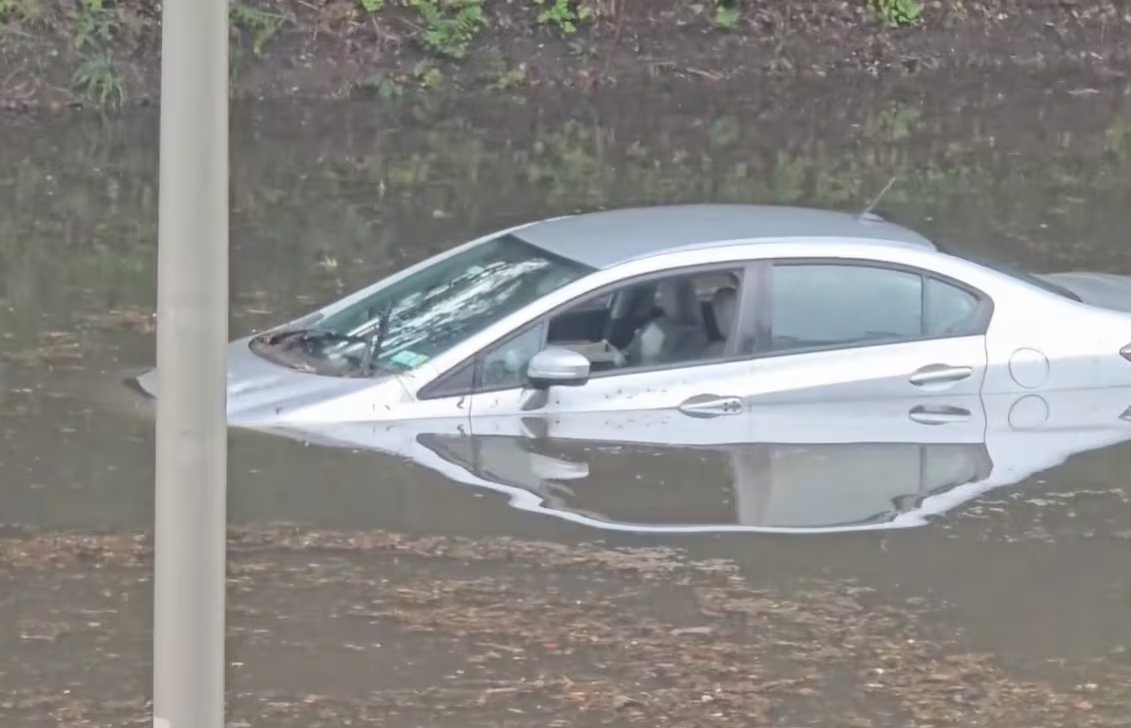 El tránsito quedó interrumpido en tramos clave de la Clearview Expressway, con filas de autos detenidos por el agua acumulada (FNTV)