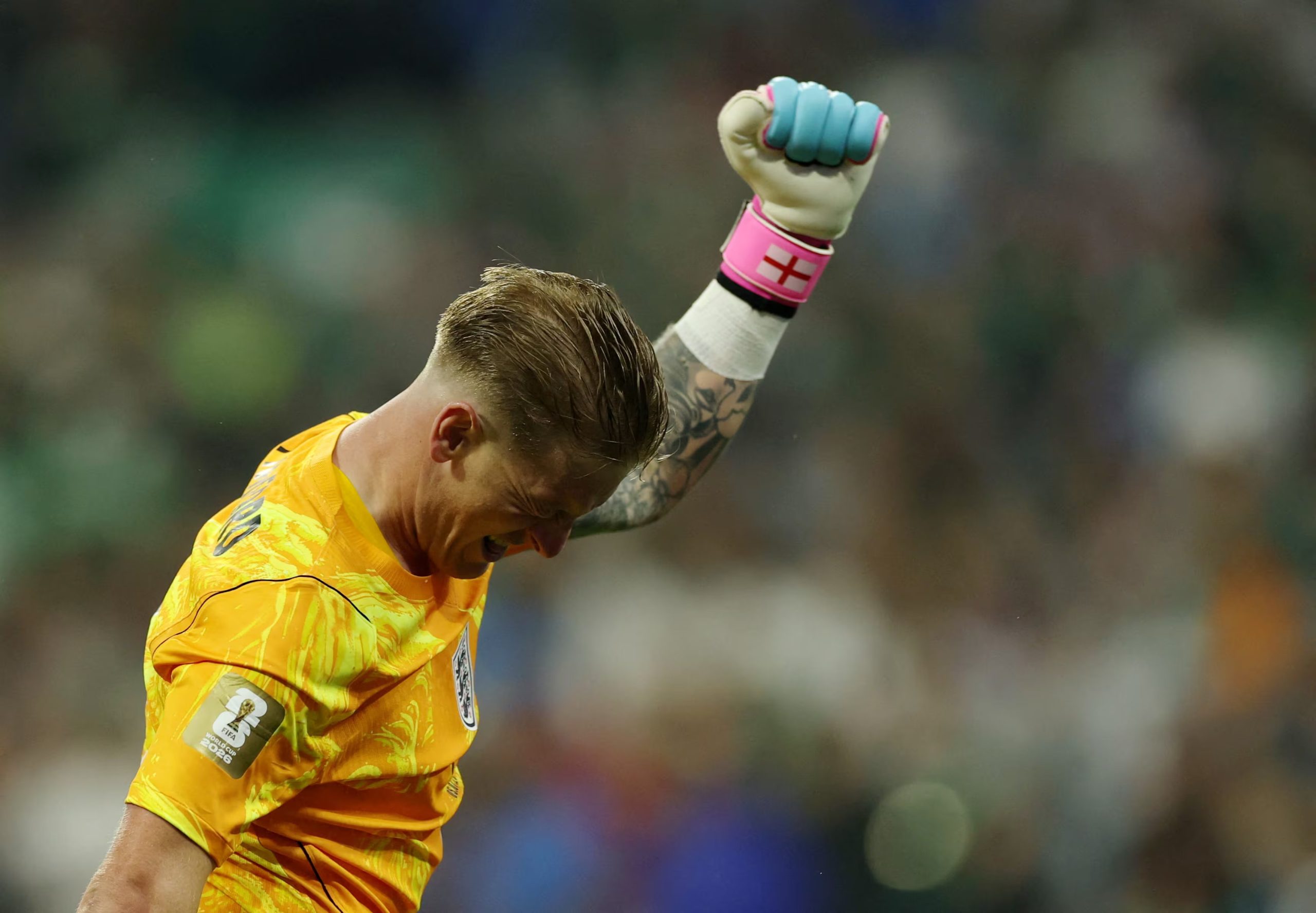 Soccer Football - FIFA World Cup 2026 - Round of 16 - Mexico v England - Estadio Azteca, Mexico City, Mexico - July 5, 2026 England's Jordan Pickford celebrates after Jude Bellingham scores their first goal REUTERS/Paul Childs