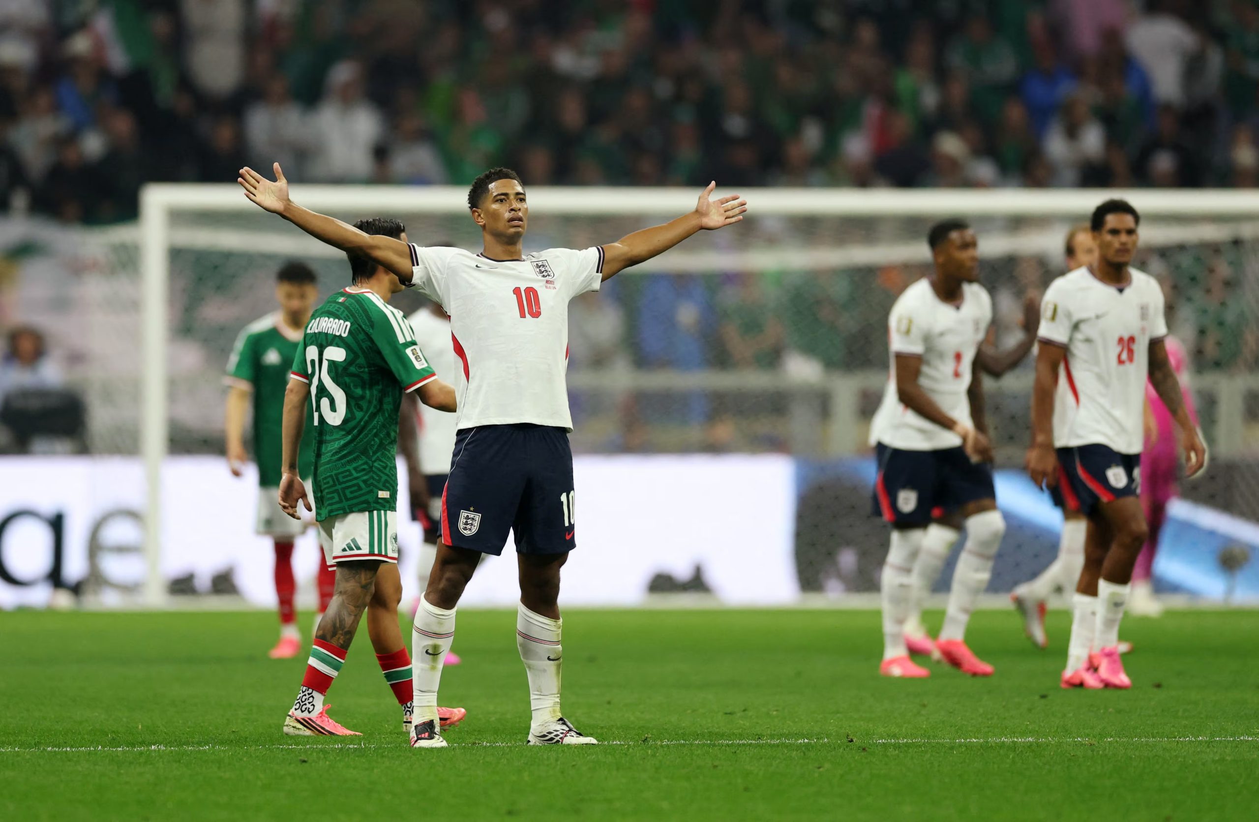 Soccer Football - FIFA World Cup 2026 - Round of 16 - Mexico v England - Estadio Azteca, Mexico City, Mexico - July 5, 2026 England's Jude Bellingham celebrates scoring their second goal REUTERS/Paul Childs