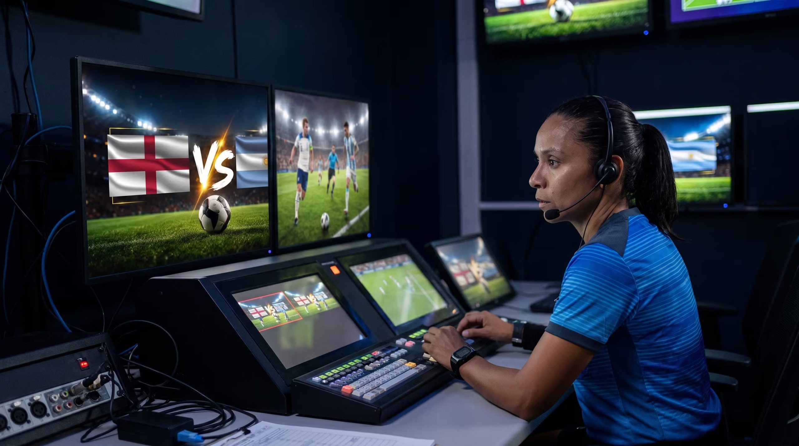 Tatiana Guzmán monitorea las acciones del VAR de un partido de fútbol que enfrenta a las selecciones de Argentina e Inglaterra desde una sala de control. (Imagen Ilustrativa Infobae)