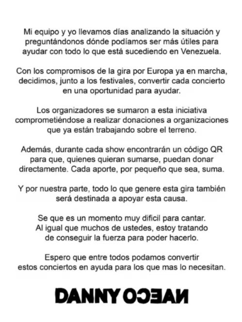 Danny Ocean recauda fondos en sus conciertos para ayudar a los damnificados en Venezuela, sumando su voz y recursos a la causa -crédito @dannocean/ Instagram