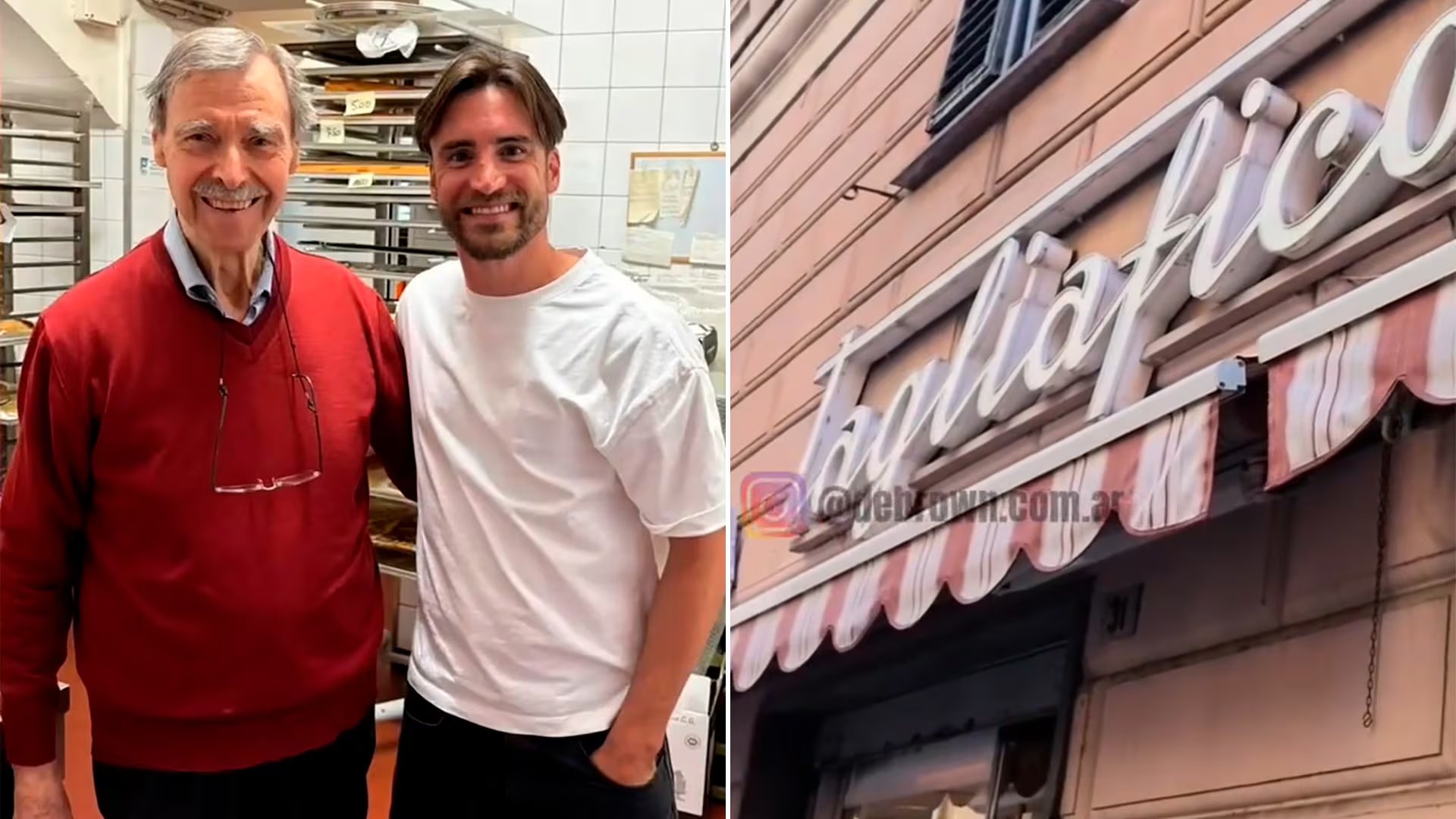 Nicolás Tagliafico visitó la pastelería que lleva su apellido, donde conoció a un probable pariente, un Tagliafico de 84 años que tiene familia en Argentina y al que a veces le preguntan: