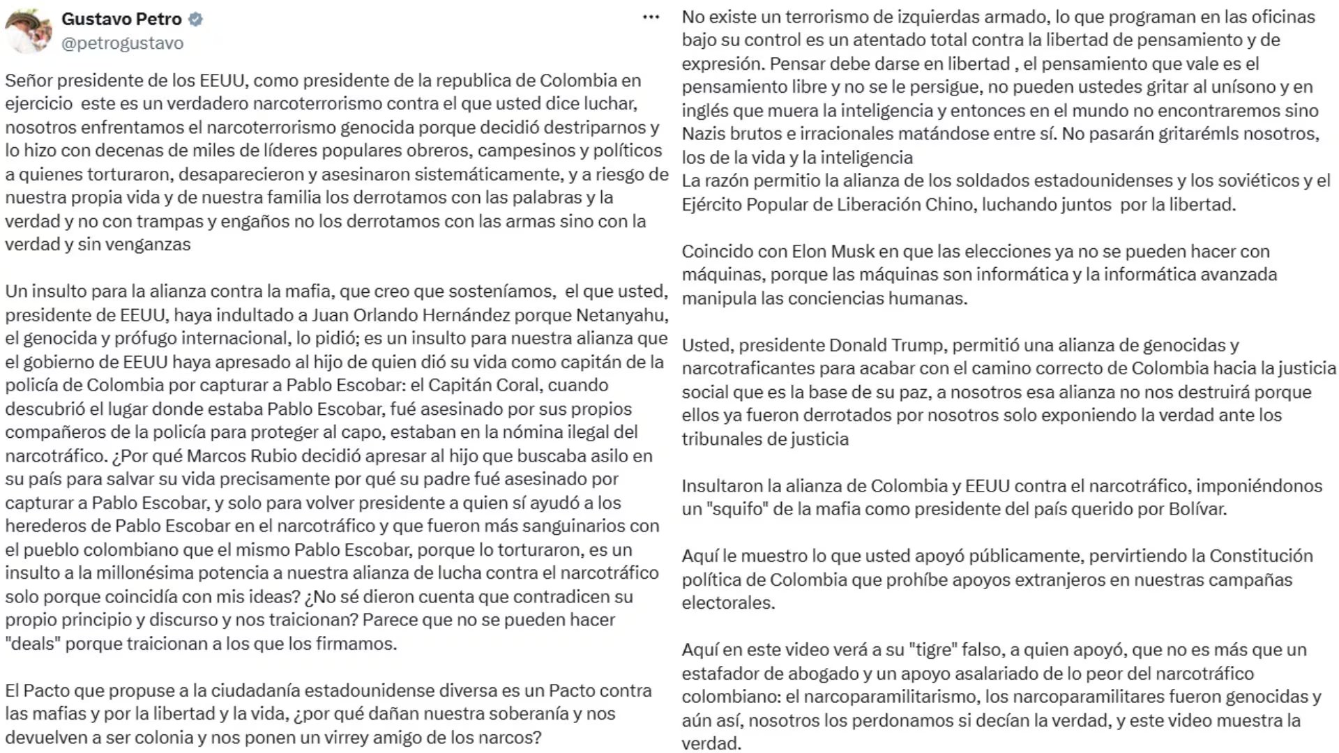 En su publicación, Petro abordó temas como la soberanía, las elecciones, el narcotráfico y la relación entre Colombia y Estados Unidos. - crédito @petrogustavo/X