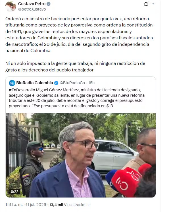 El jefe de Estado saliente afirmó que el proyecto de ley debe gravar las rentas de los mayores especuladores y estafadores de Colombia - crédito @petrogustavo/X