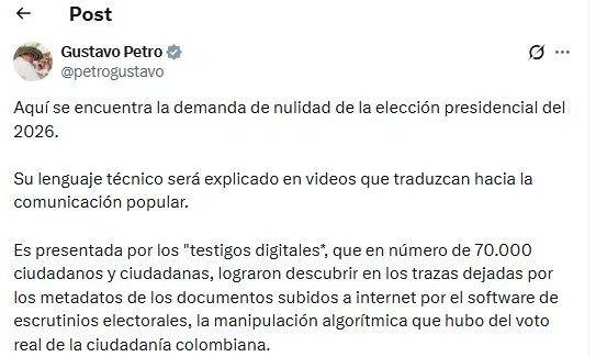 El presidente compartió un pdf en donde se ve el documento dirigido al Consejo de Estado (Trino del presidente Petro)