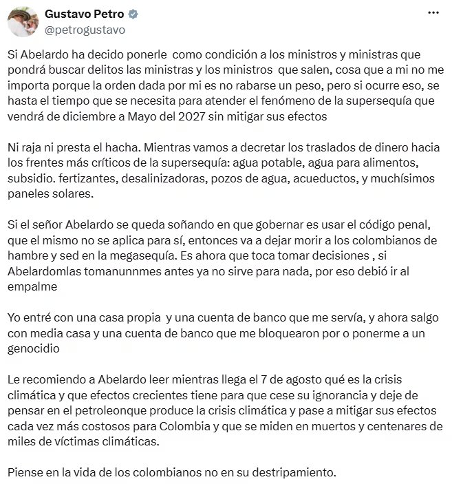 Gustavo Petro defendió la reasignación de $4 billones y cuestionó la postura del Gobierno electo. - crédito @petrogustavo/X