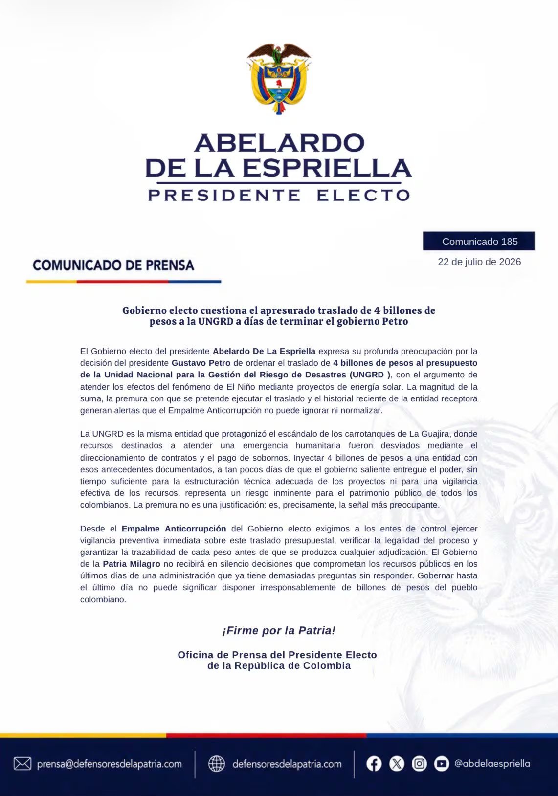 El equipo de empalme del presidente electo solicitó a los entes de control verificar la legalidad y trazabilidad de los recursos. - crédito @defensoresco(X