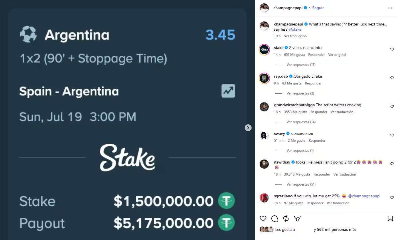 Drake redobla su apoyo a Argentina antes de la final ante España