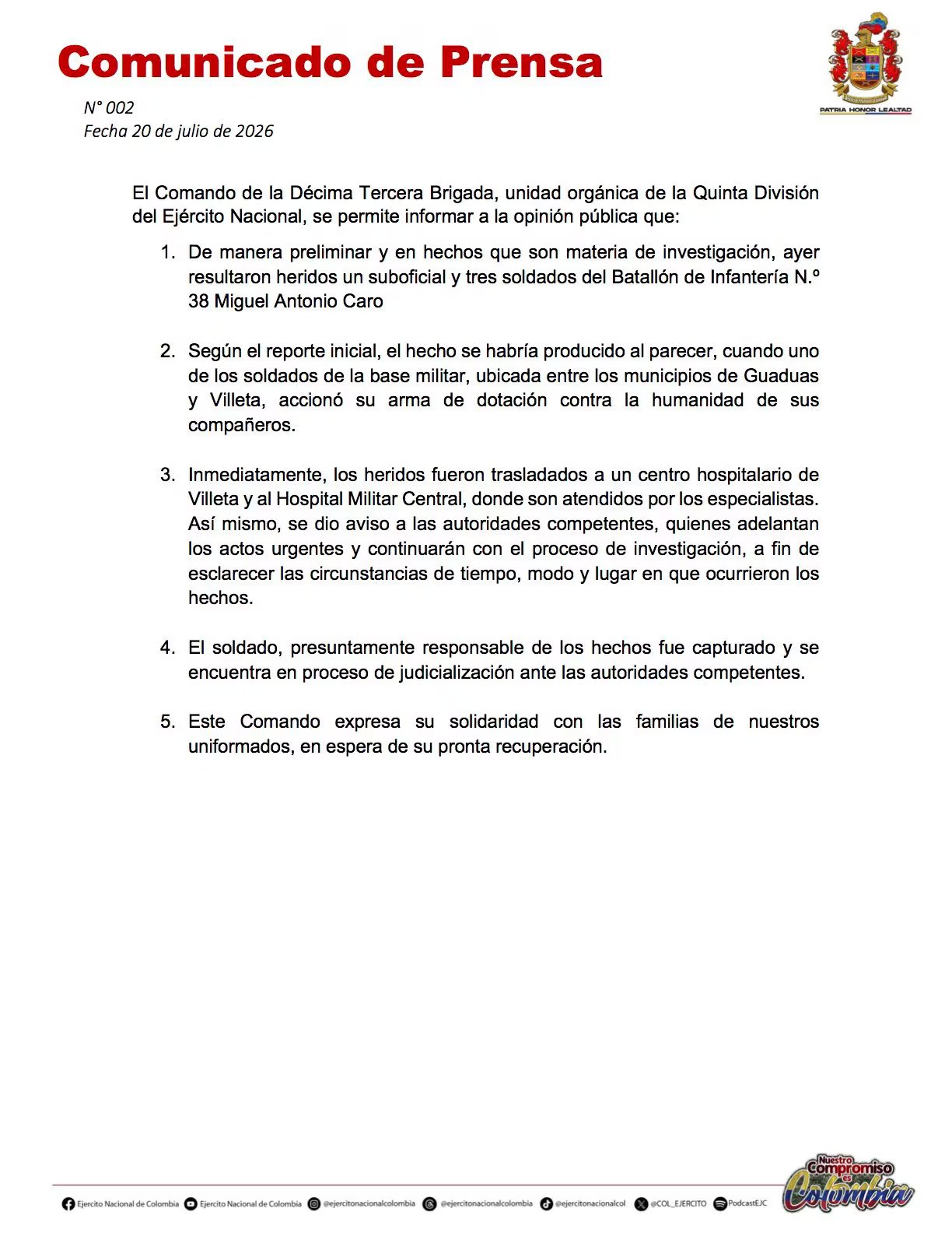 Los militares heridos fueron trasladados a un centro hospitalario de Villeta y al Hospital Militar Central para recibir atención especializada - crédito Ejército