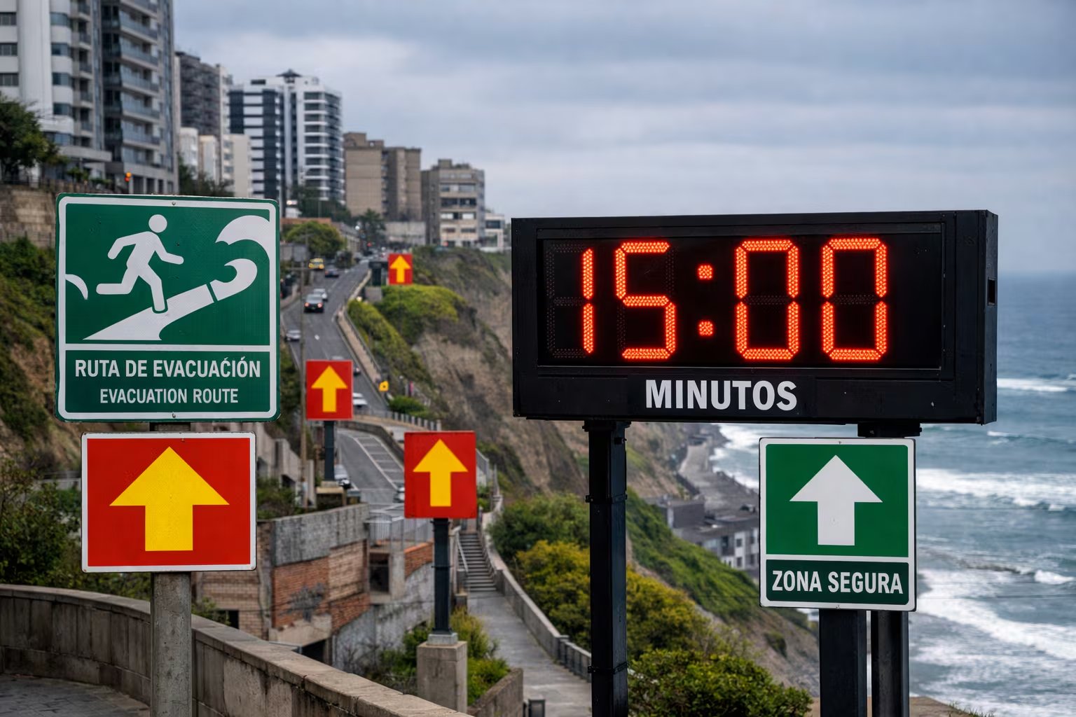 Un reloj digital en la Costa Verde de Lima marca una cuenta regresiva de 15 minutos, mientras señalética indica la ruta de evacuación y zona segura. (Imagen Ilustrativa Infobae)