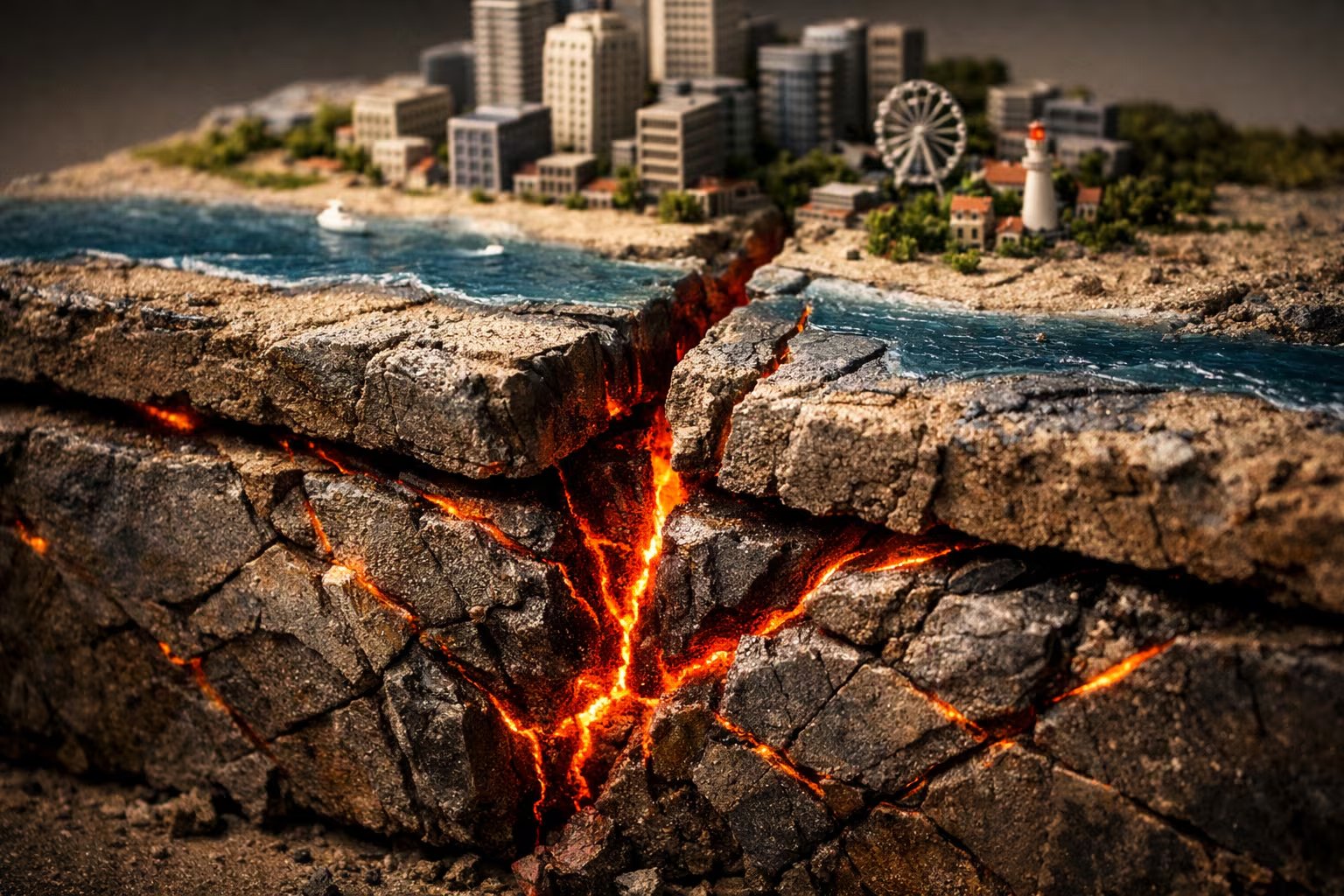 Una maqueta conceptual ilustra una ciudad costera dividida por una falla geológica, donde se observa energía que emerge de las fisuras internas. (Imagen Ilustrativa Infobae)