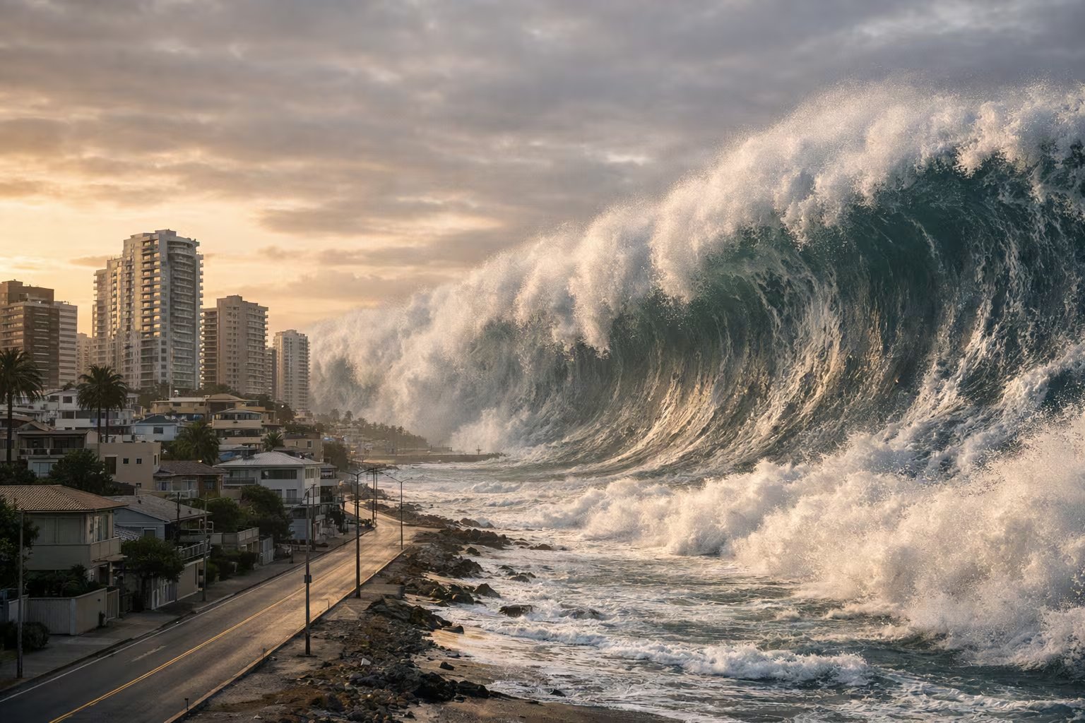 Una enorme ola de tsunami se eleva sobre una costa urbana con edificios y viviendas frente al mar al atardecer. (Imagen Ilustrativa Infobae)