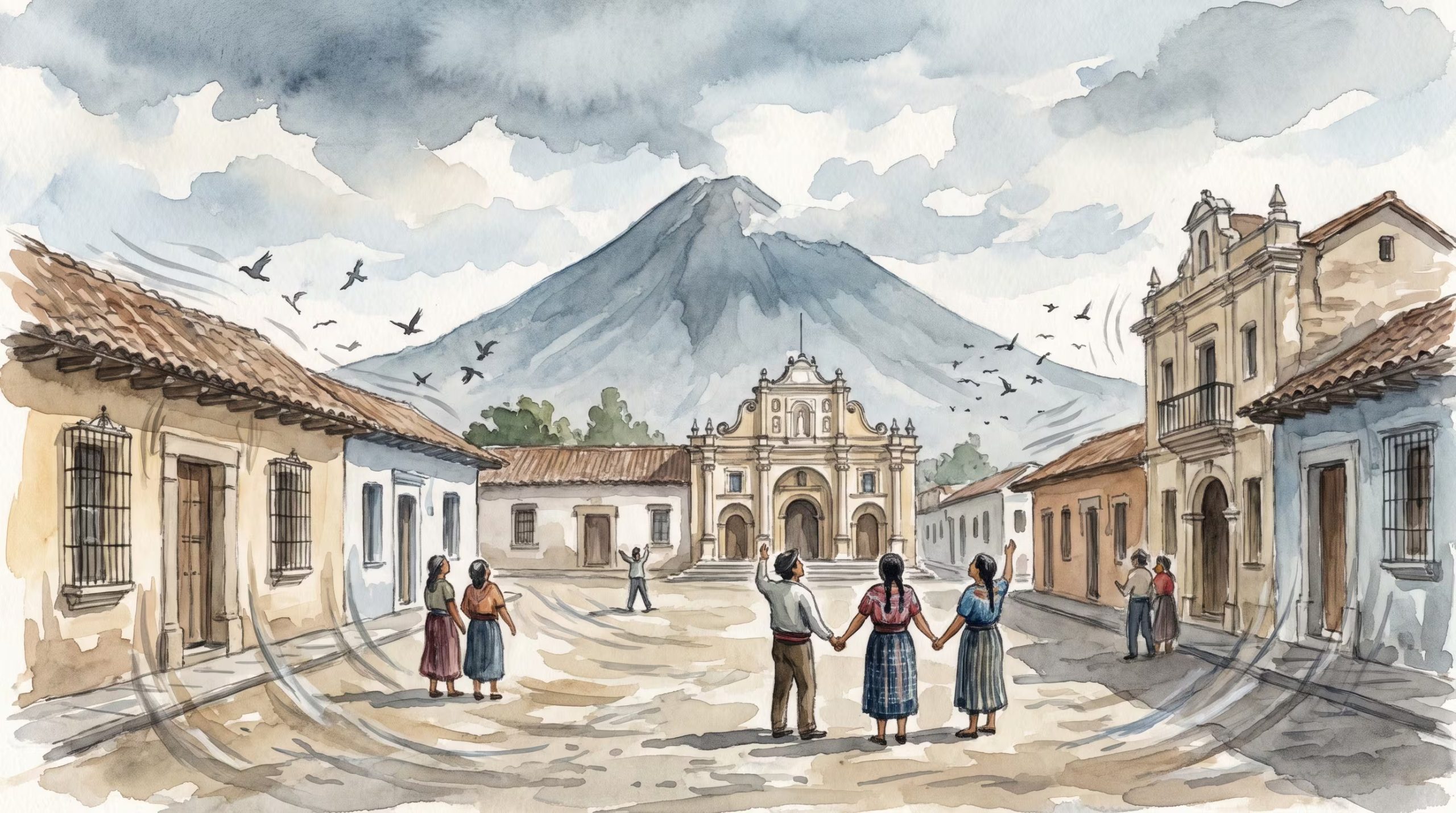 Una ilustración en acuarela muestra a personas en una plaza colonial de Guatemala con un volcán al fondo, mientras el suelo y los edificios reflejan leves efectos de un movimiento telúrico. (Imagen Ilustrativa Infobae)