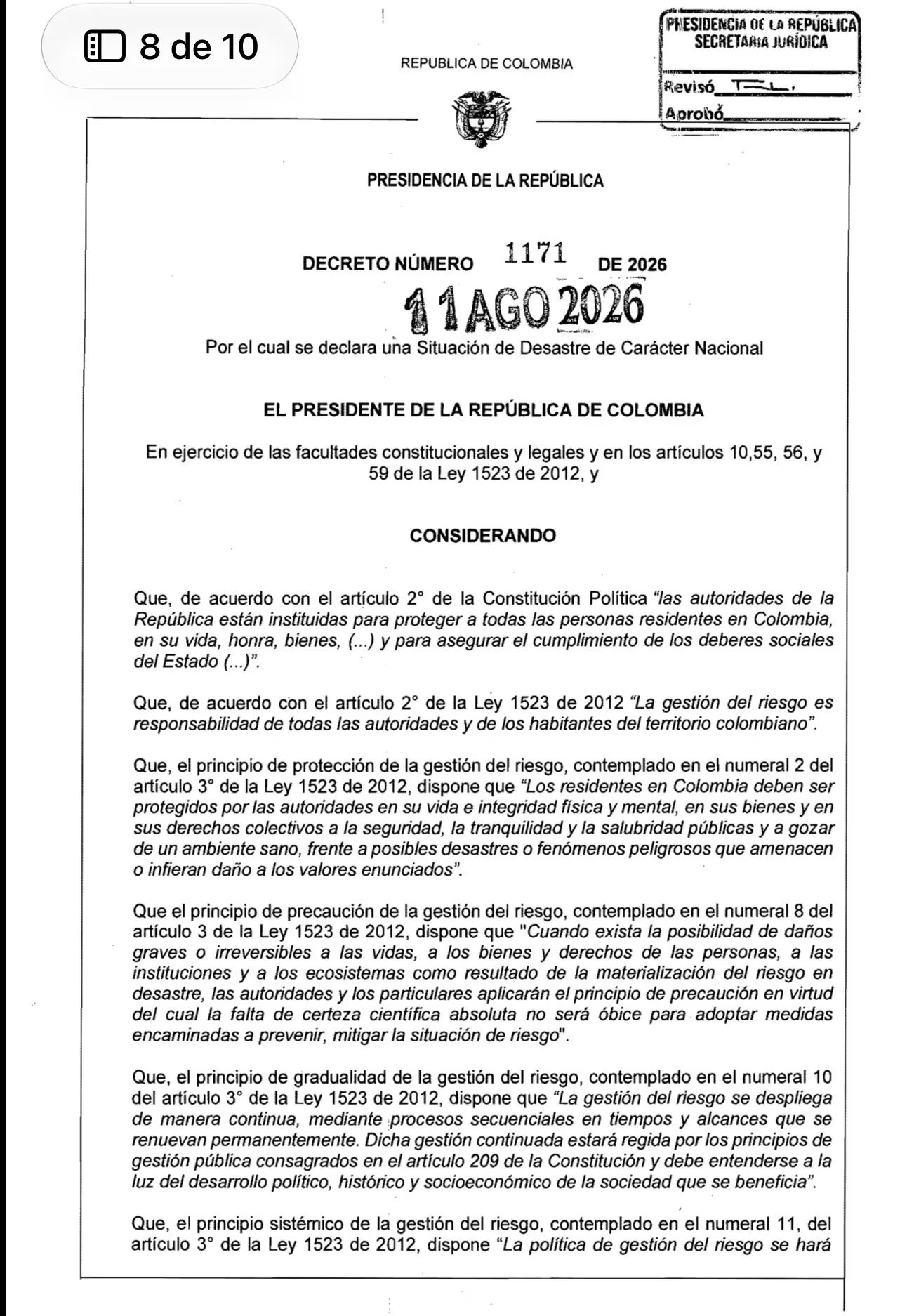 El Gobierno nacional también decretó desastre nacional tras el sismo de 7,4 que sacudió a Colombia - crédito Dapre