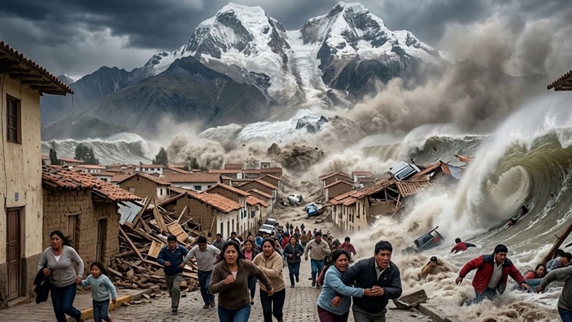 Un grupo de pobladores huye por una calle de Huaraz mientras un alud de lodo y nieve desciende desde el nevado Huascarán hacia las viviendas. (Imagen Ilustrativa Infobae)