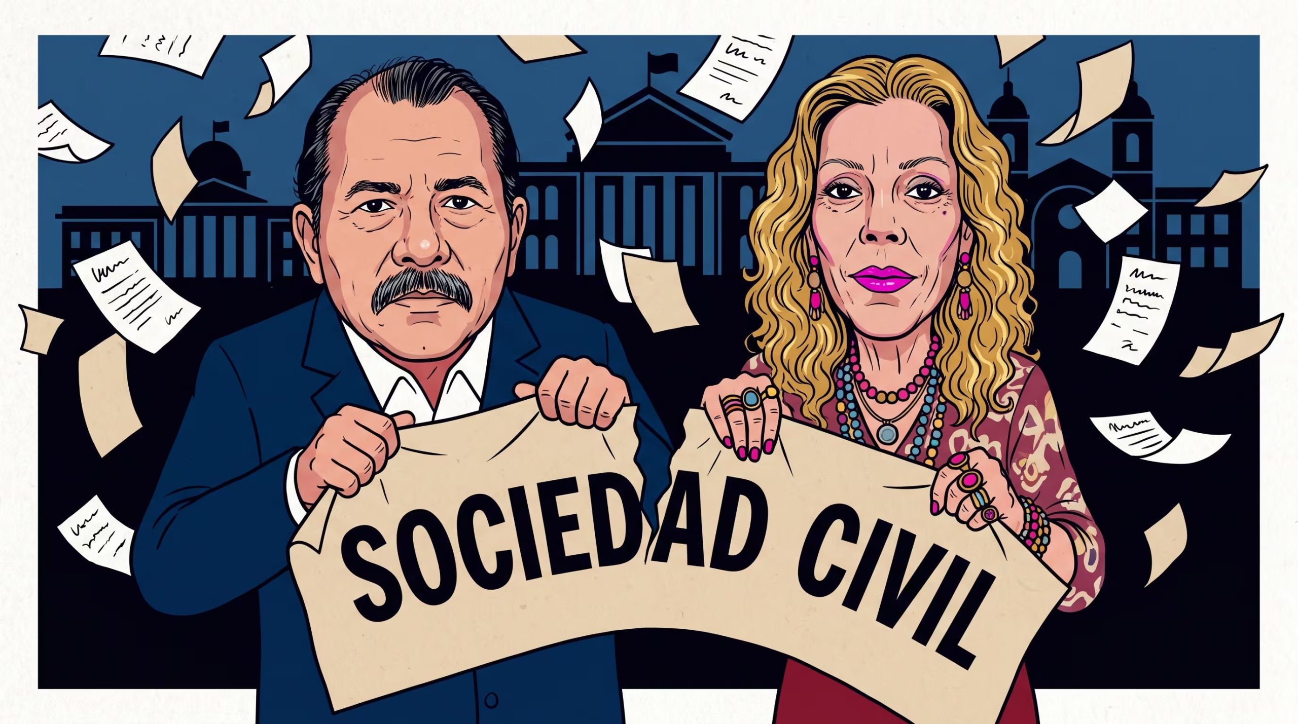 Caricatura política de Daniel Ortega y Rosario Murillo rompiendo una pancarta con la inscripción 'Sociedad Civil', mientras papeles rotos caen sobre un fondo de edificios gubernamentales. (Imagen Ilustrativa Infobae)