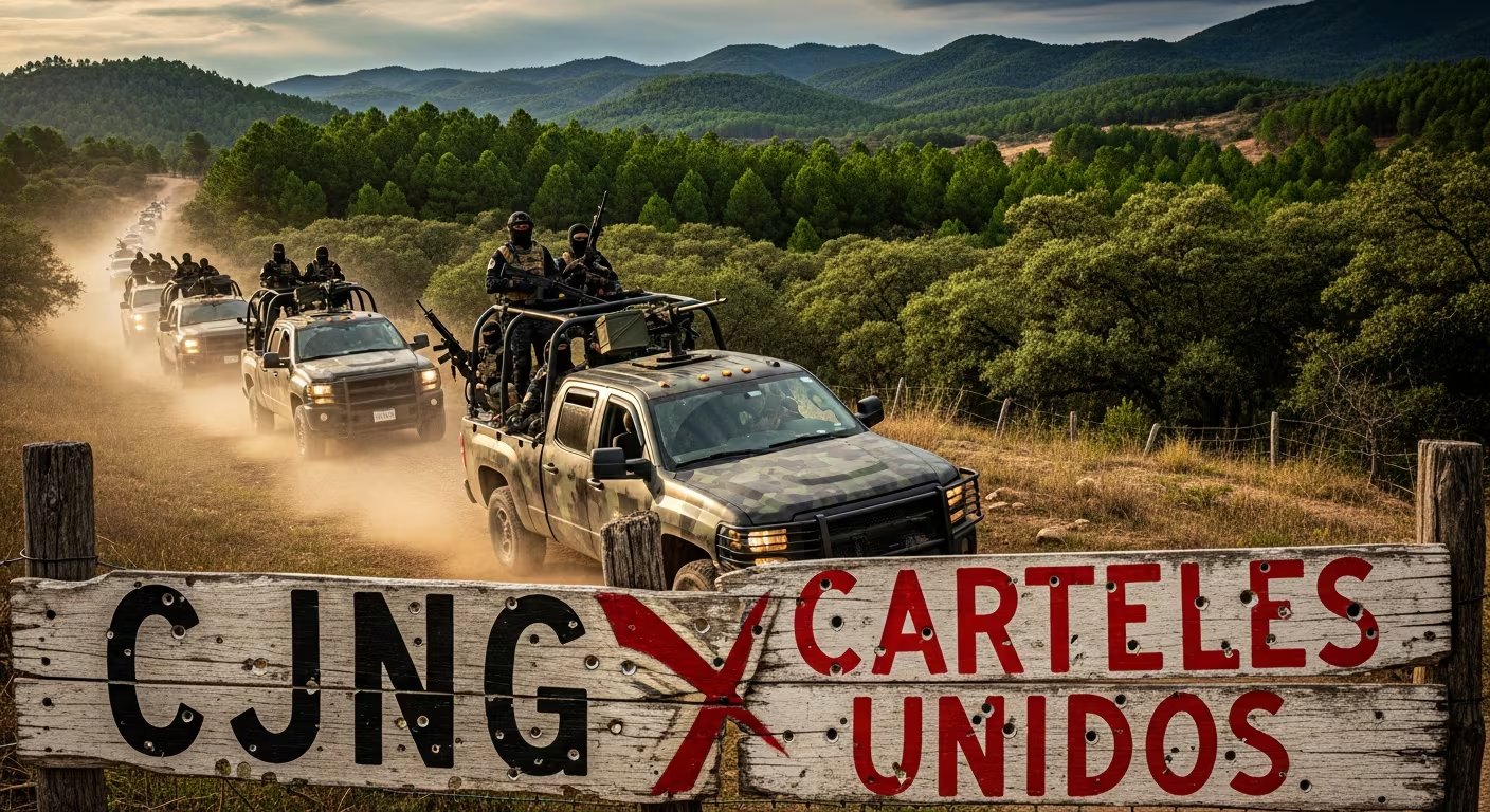 Sicarios colombianos presuntamente del CJNG circulan en un convoy de vehículos blindados por la Meseta Purépecha de Michoacán, donde se señala la rivalidad con Cárteles Unidos. (Imagen Ilustrativa Infobae)