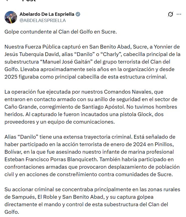 El presidente Abelardo de la Espriella y el ministro de Defensa reiteraron la prioridad estatal de llevar ante la justicia a los responsables de crímenes contra la seguridad nacional - crédito @ABDELAESPRIELLA / X