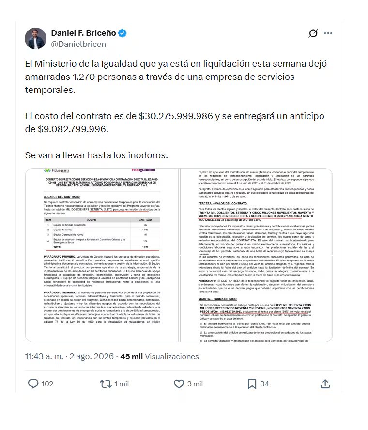 A través de sus redes sociales, el representante Daniel Briceño elevó sus denuncias sobre cómo estarían entregándose recursos que habían sido asignados al Ministerio de Igualdad; pese a que ya entró en proceso de disolución - crédito @DanielBricen/X