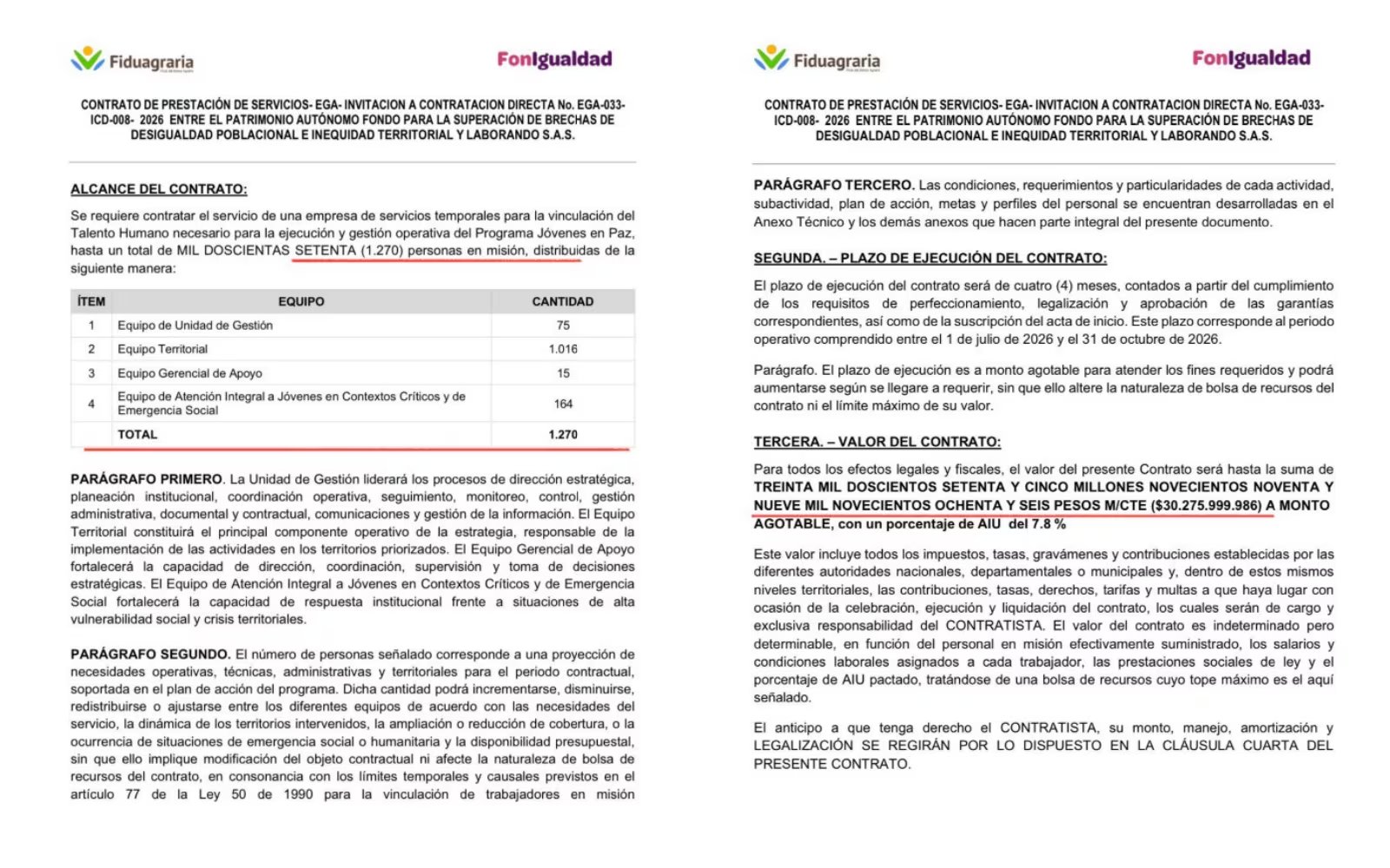 De acuerdo con el representante Daniel Briceño, este contrato del Ministerio de Igualdad con una empresa de servicios temporales dejaría 'atadas' a 1.270 personas a la entidad, ya en liquidación - crédito @DanielBricen/X